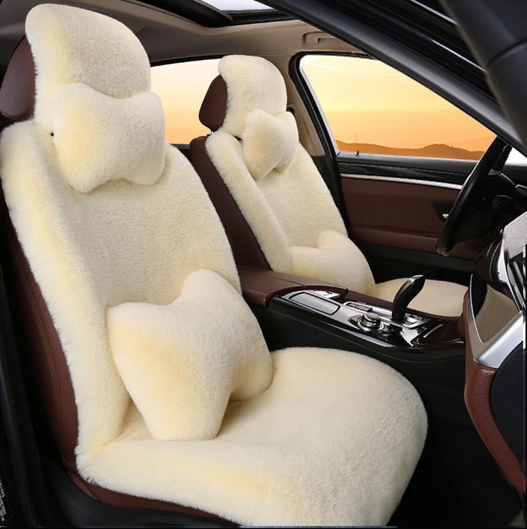 Muchkey Universal Faux Rabbit Fur Car Seat Covers - 2 PCS Warm Fluffy Front Seat Cushions with Pillows for Nissan, SUV, Trucks (Beige) | Soft & Cozy Winter Car Accessories for Cold Weather Driving
