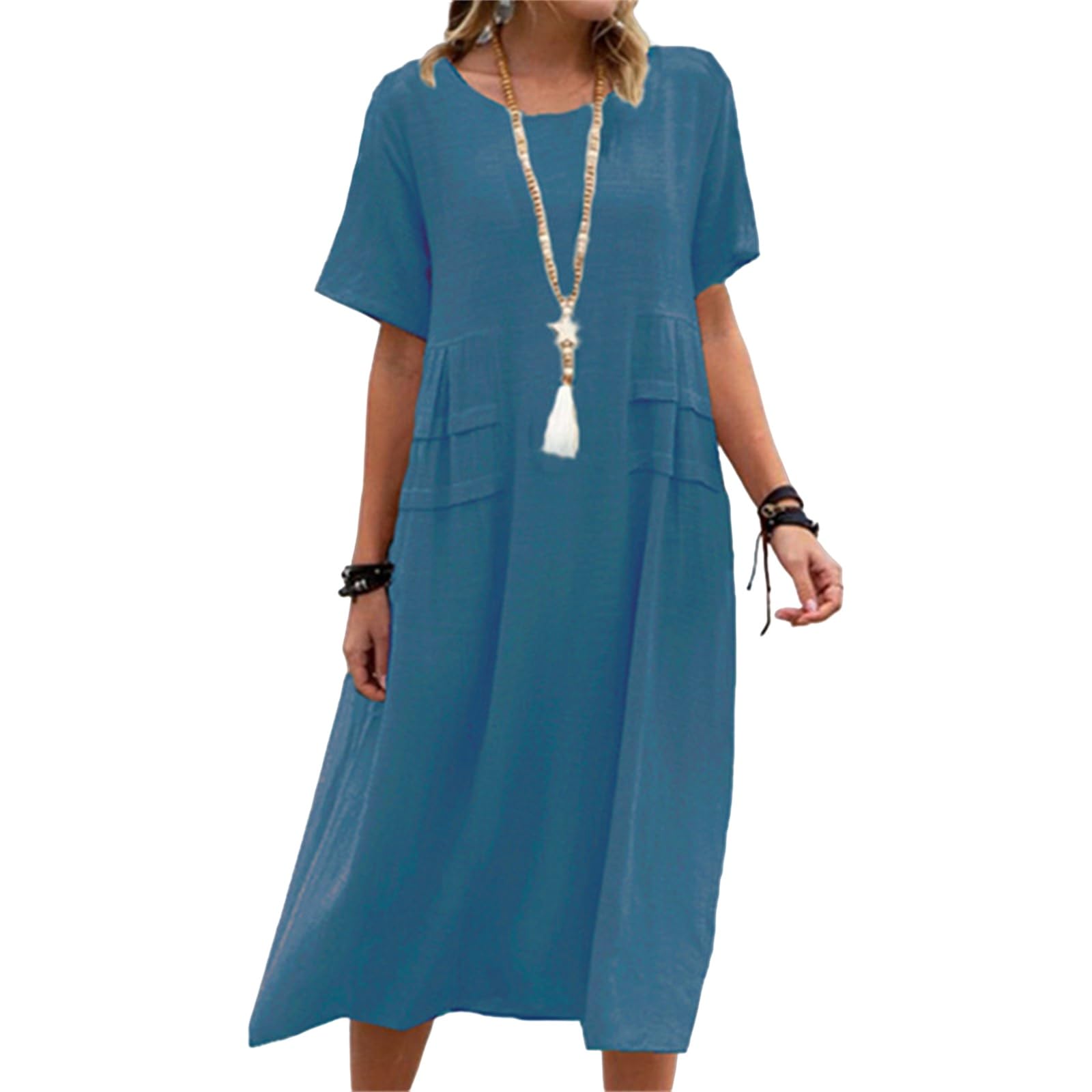 Women's Cotton Linen Maxi Dress - Casual Loose Fit Short Sleeve Crew Neck Long Flowy Dress for Beach, Vacation & Summer Outings