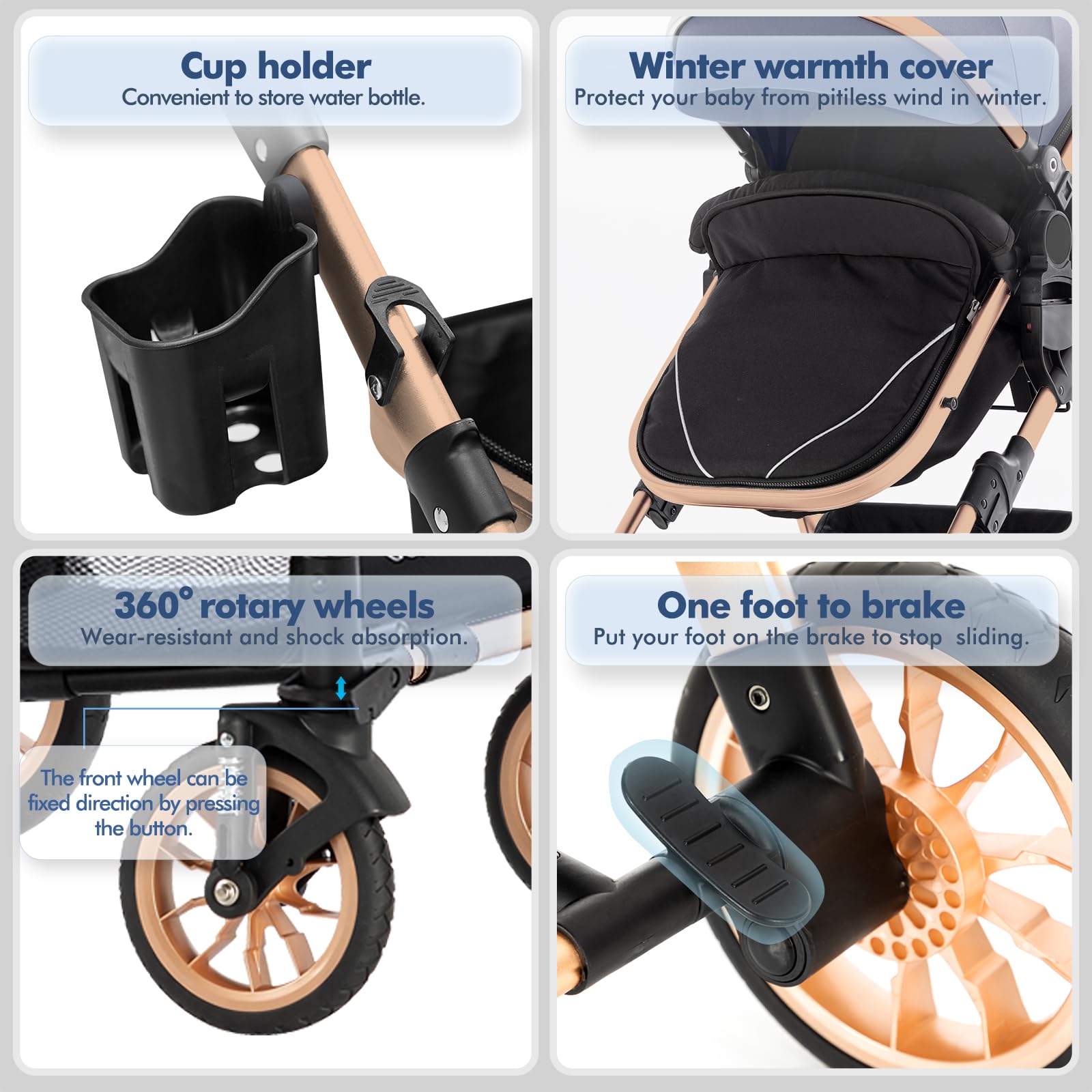 Blahoo Baby Stroller for Toddlers - Lightweight Foldable Aluminum Alloy Bassinet Pushchair with Adjustable Backrest & Reversible Seat | Perfect for Newborns, Infants & Travel | Gold & Black Design