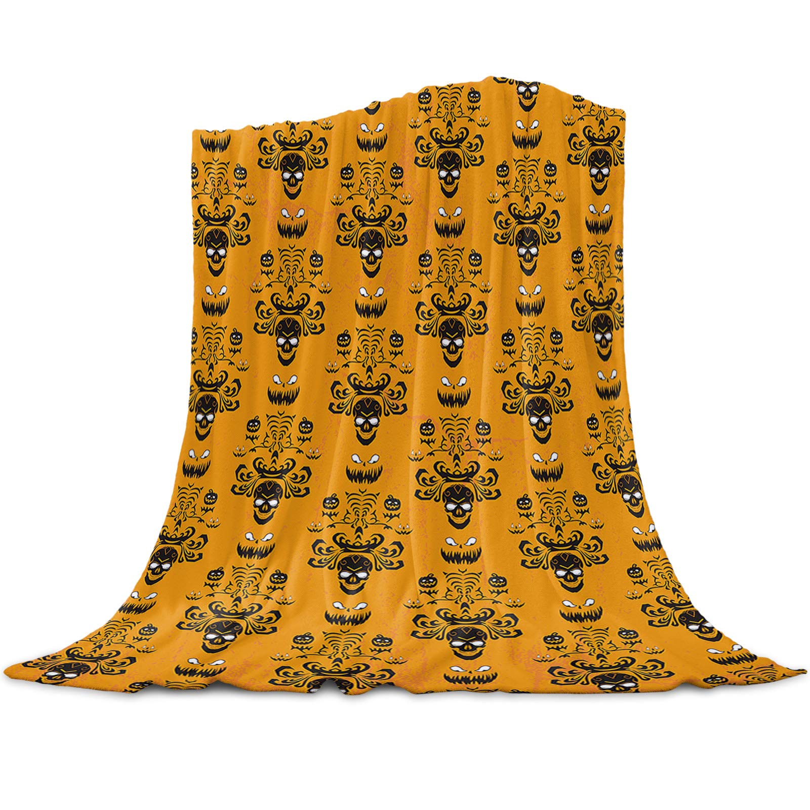 Halloween Ghost Face Orange Fleece Throw Blanket - Soft Microfiber Flannel Blanket for Couch, Bed & Sofa (40x50 Inch) | Cozy Lightweight Blanket for Fall Decor, Movie Nights & Gift Giving