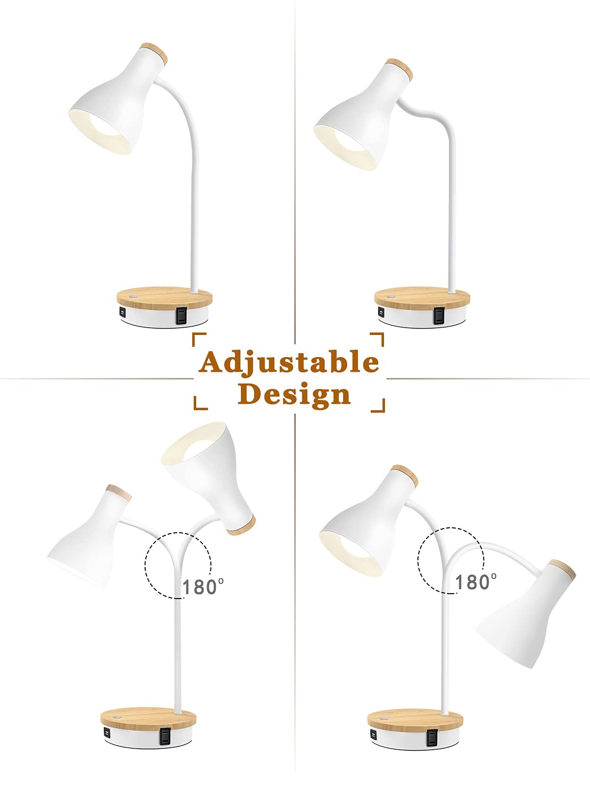 Wireless Charging Metal Desk Lamp - 3-Way Dimmable Touch Control LED Reading Light with USB Ports for Bedroom, Study, Office | Modern Arc Design for Nightstand & Workspace (White)
