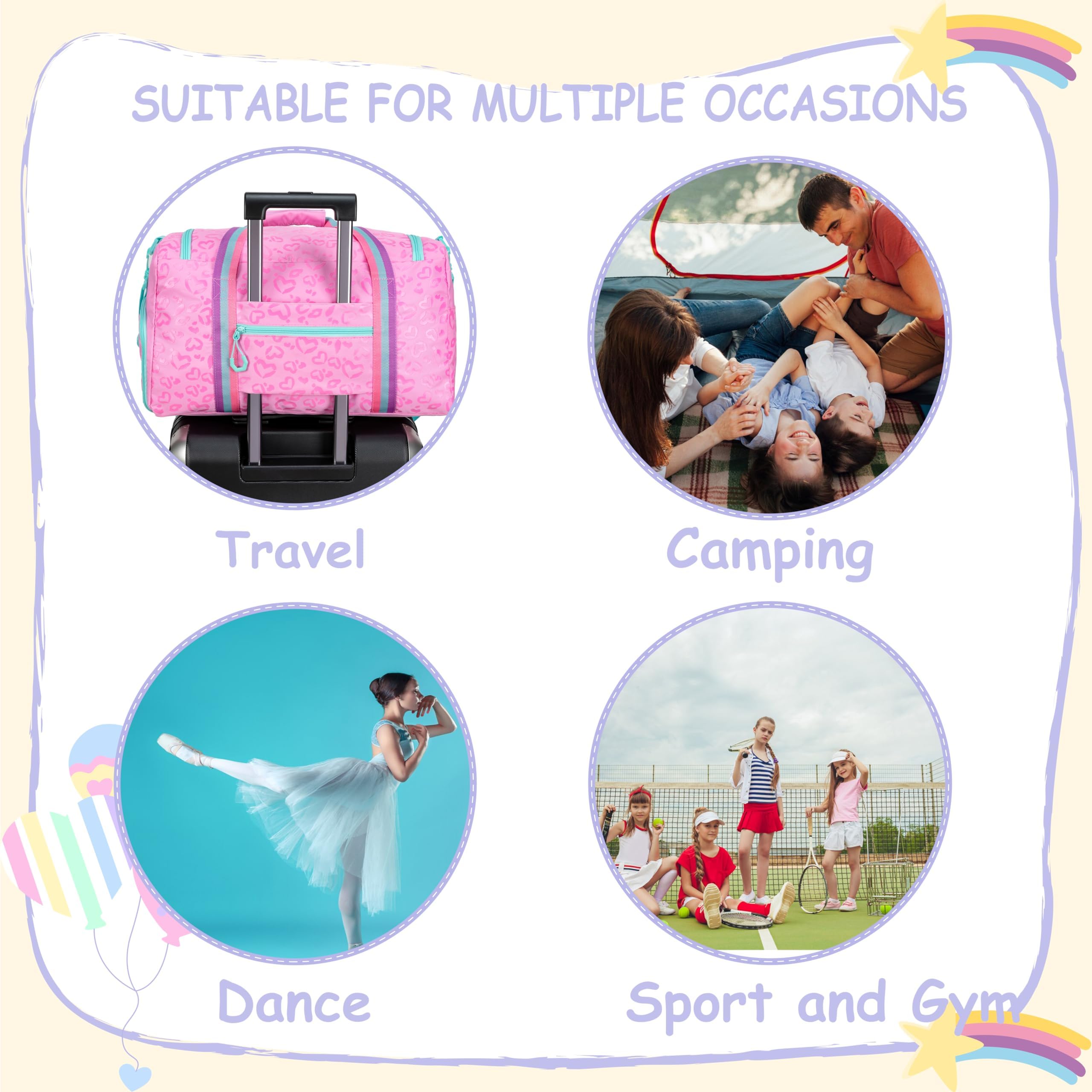 **Kids Travel Duffle Bag for Girls - Weekender Overnight Bag with Shoe Compartment & Makeup Toiletry Pouch - Perfect for Dance, Gym, Sleepovers & Travel**