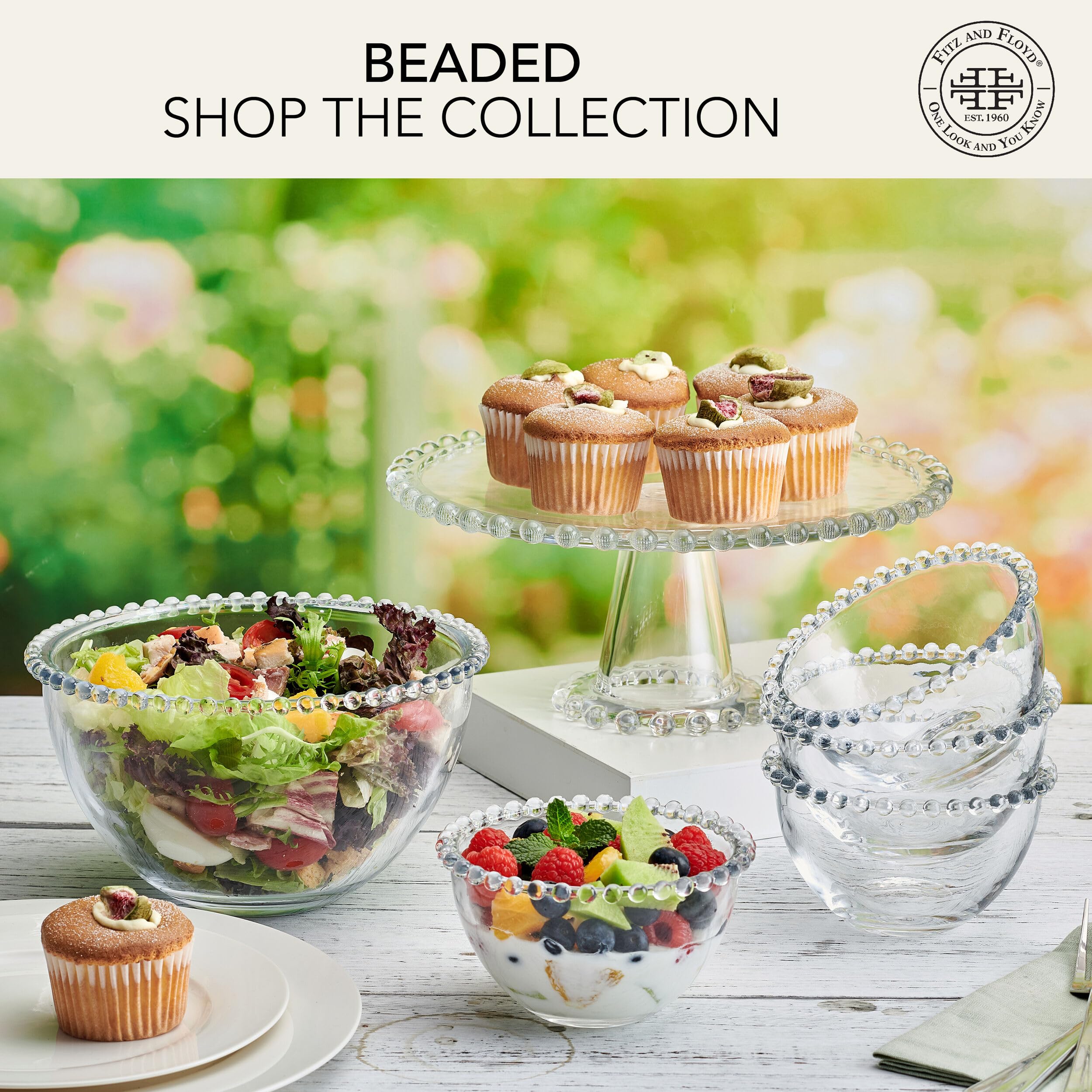 Fitz and Floyd 8.25 Inch Clear Beaded Glass Fruit Bowl - Elegant Salad Serving Dish for Parties, Weddings & Home Decor