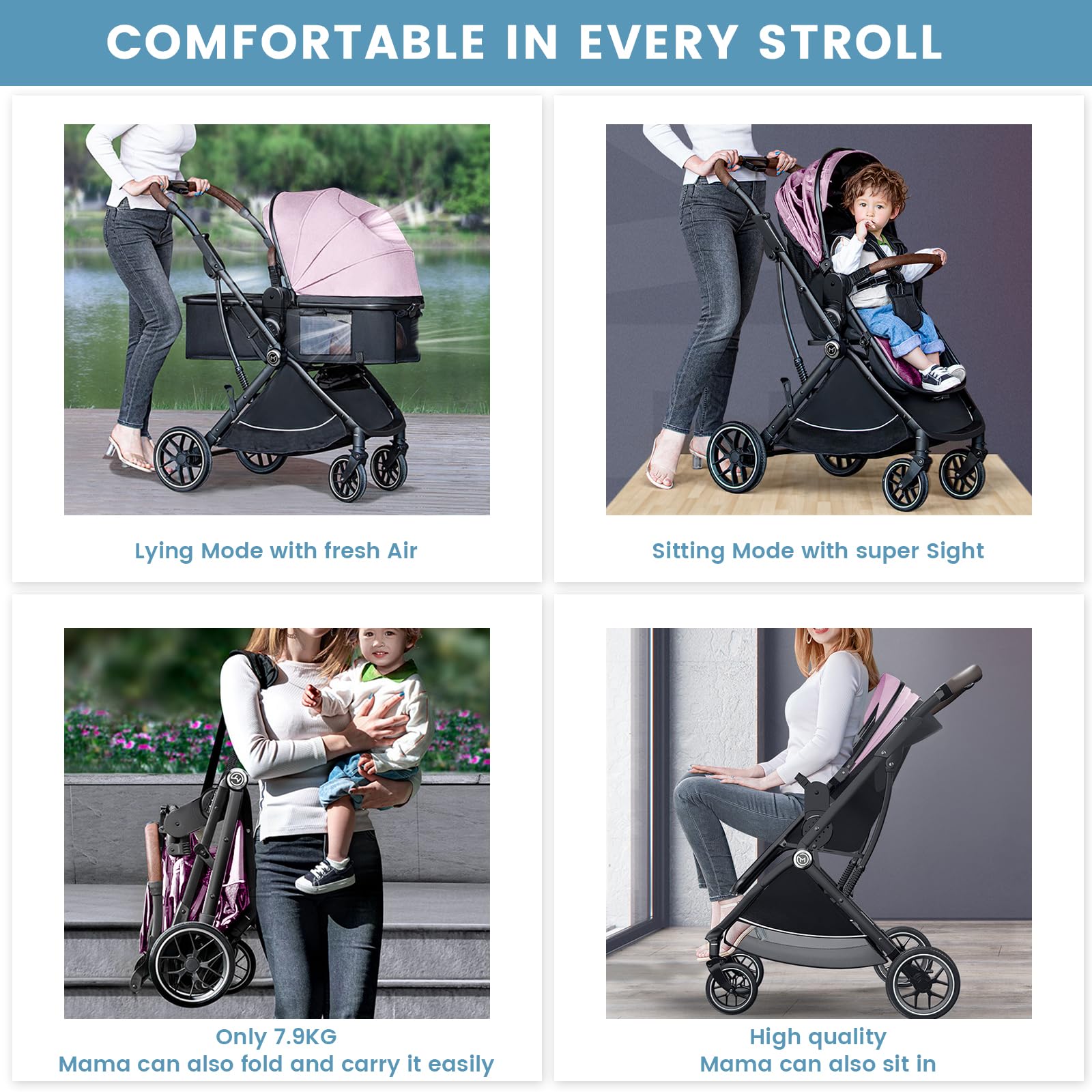 **Pink Baby Stroller Bassinet - 3-in-1 Convertible Travel Stroller for Newborn, Infant & Toddler | Lightweight, Foldable, One-Hand Operation, Reversible Seat & Extra Storage | Perfect for Shopping, Travel & Daily Walks**
