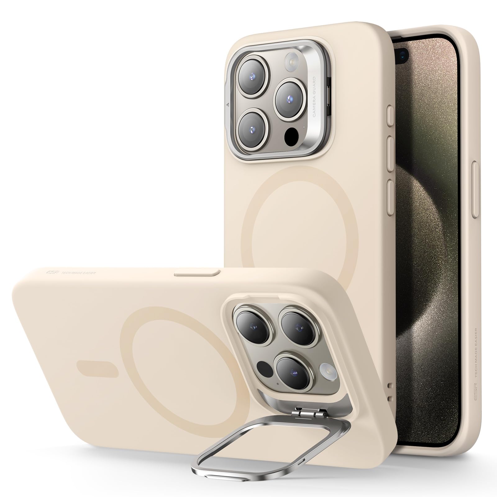 ESR for iPhone 15 Pro Case with MagSafe - Military-Grade Protective Silicone Cover with Stand & Built-in Camera Stash | Magnetic Phone Case for iPhone 15 Pro (Cloud Series, Light Tan) | Perfect for Work, Travel & Everyday Use