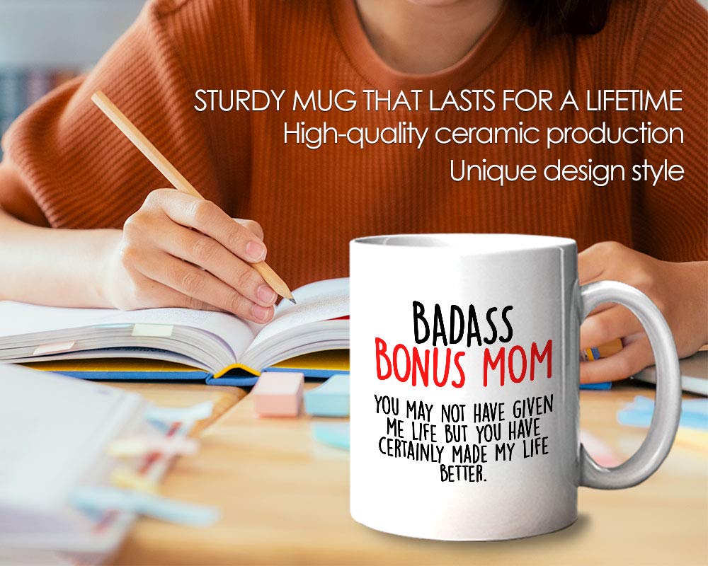 Badass Mom Coffee Mug - 11 Oz White Ceramic Cup for Mother's Day, Birthday & Appreciation Gifts - Perfect for Stepmom, Grandma & Mama from Daughter/Son - Great for Coffee, Tea & Office Use