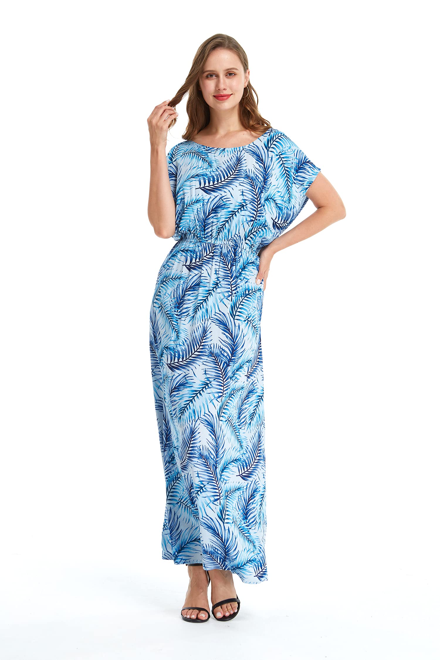 Women's Floral Hawaiian Luau Cap Sleeve Maxi Dress - Beach Wedding, Summer Vacation & Tropical Party Outfit