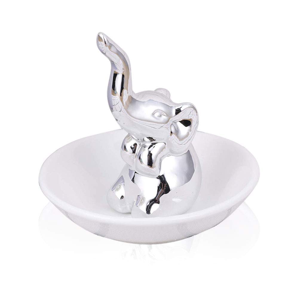 Lependor Handmade Ceramic Lucky Elephant Ring Holder - Elegant Jewelry Tray for Wedding, Christmas & Birthday Gifts | Silver Elephant Decor for Vanity, Dresser & Bathroom Organization