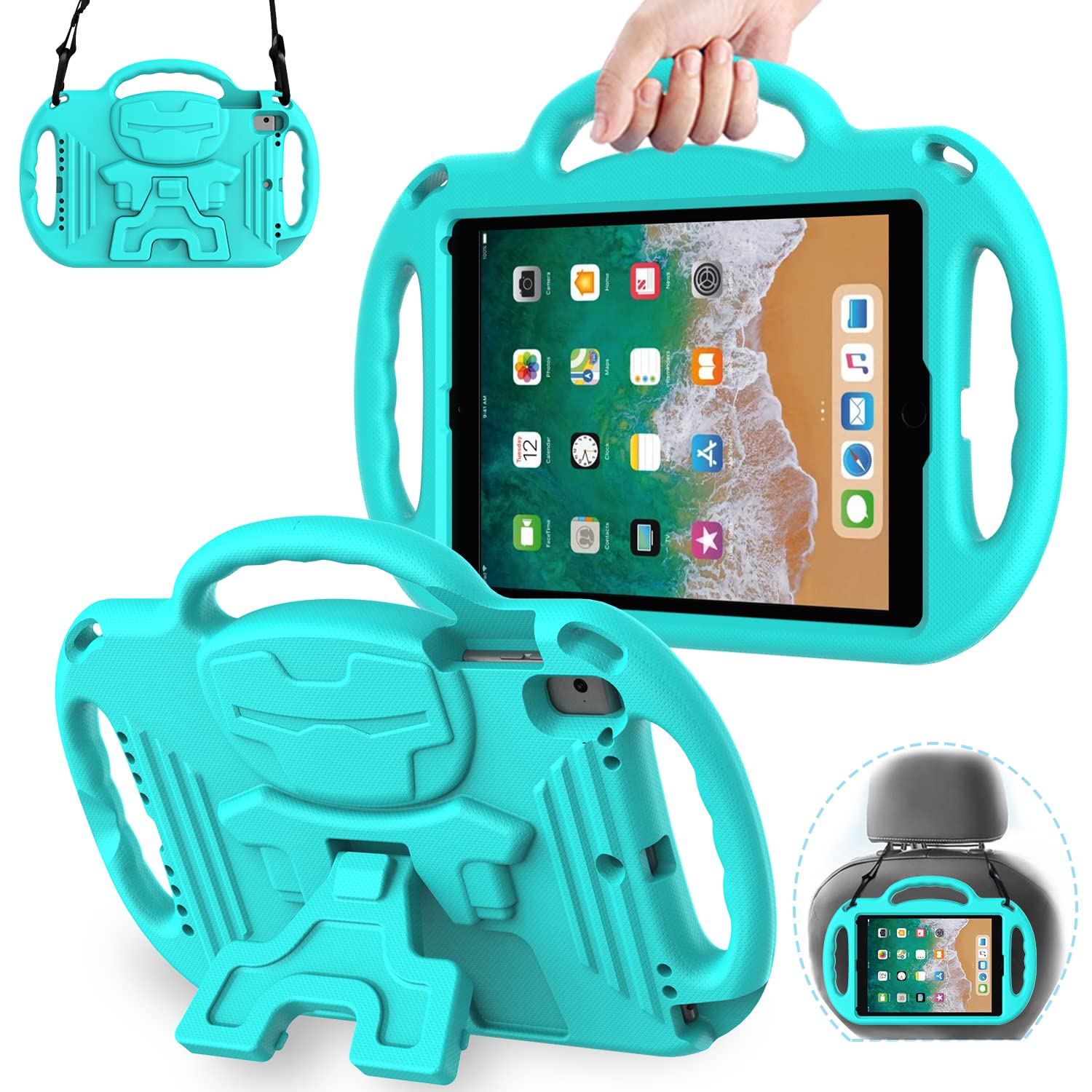 AVAWO Shockproof Kids iPad Case for iPad 6th Gen/5th Gen 9.7 inch & iPad Air 2 - Durable Protective Cover with Shoulder Strap & Handle Stand, Turquoise - Perfect for School, Travel & Home Learning