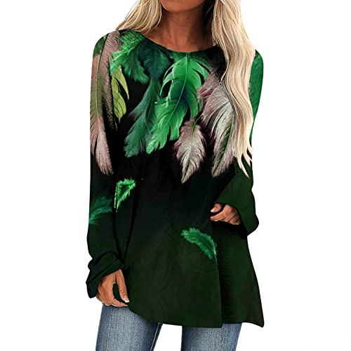 Wirziis Women's Long Sleeve Feather Print Tunic Top - Loose Fit Crewneck Casual Shirt for Leggings | Perfect for Work, Weekend Outfits & Layering