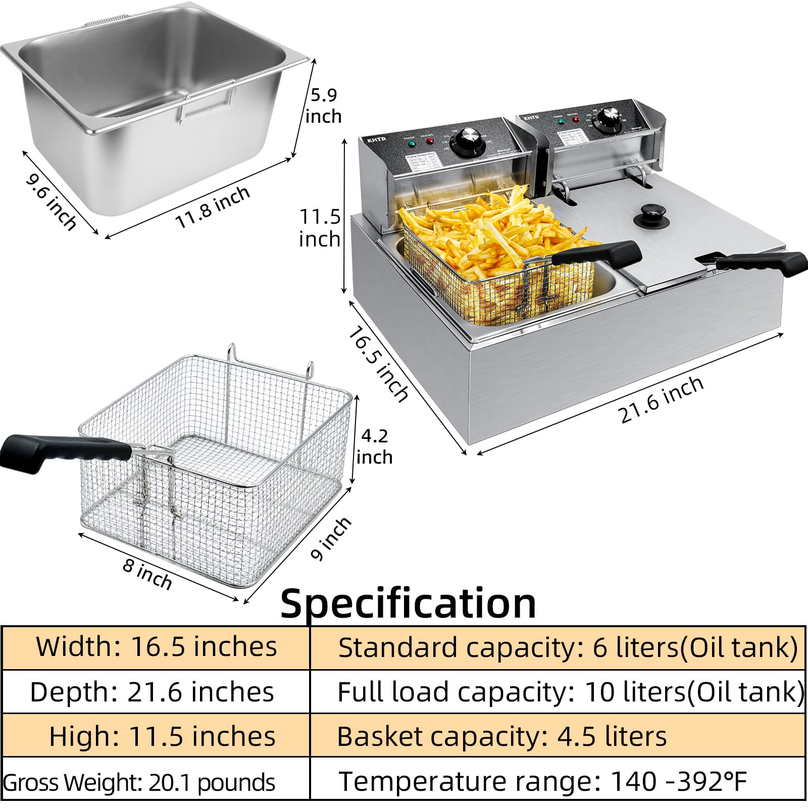Commercial Deep Fryer with Basket - 12.7QT Large Capacity Stainless Steel Electric Oil Fryer 3400W for Restaurant, Food Truck, or Home Kitchen - Perfect for Frying Chicken, Fish, French Fries & Donuts