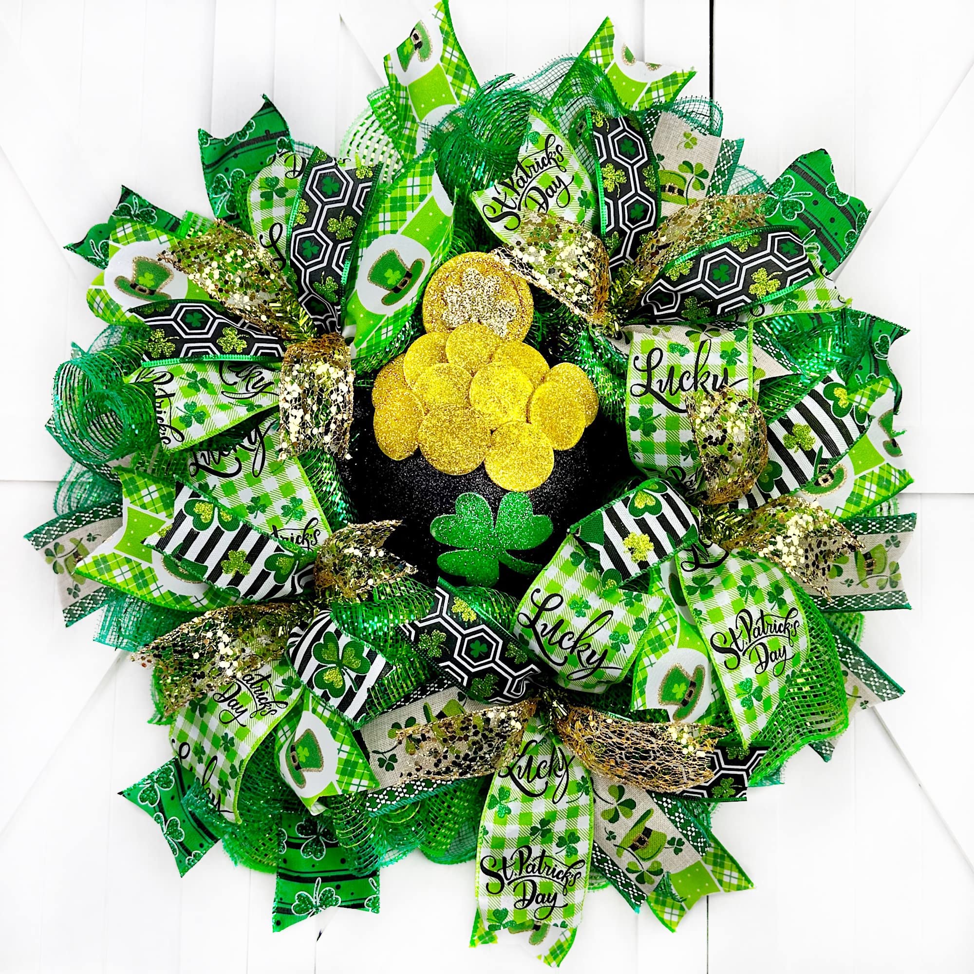 18x18x6 Inch St. Patrick's Day Wreath with Leprechaun & Clover Ribbon - Gold Pot Decor for Irish Holiday Door Hanging - Perfect for Home, Office, and Party Decorations