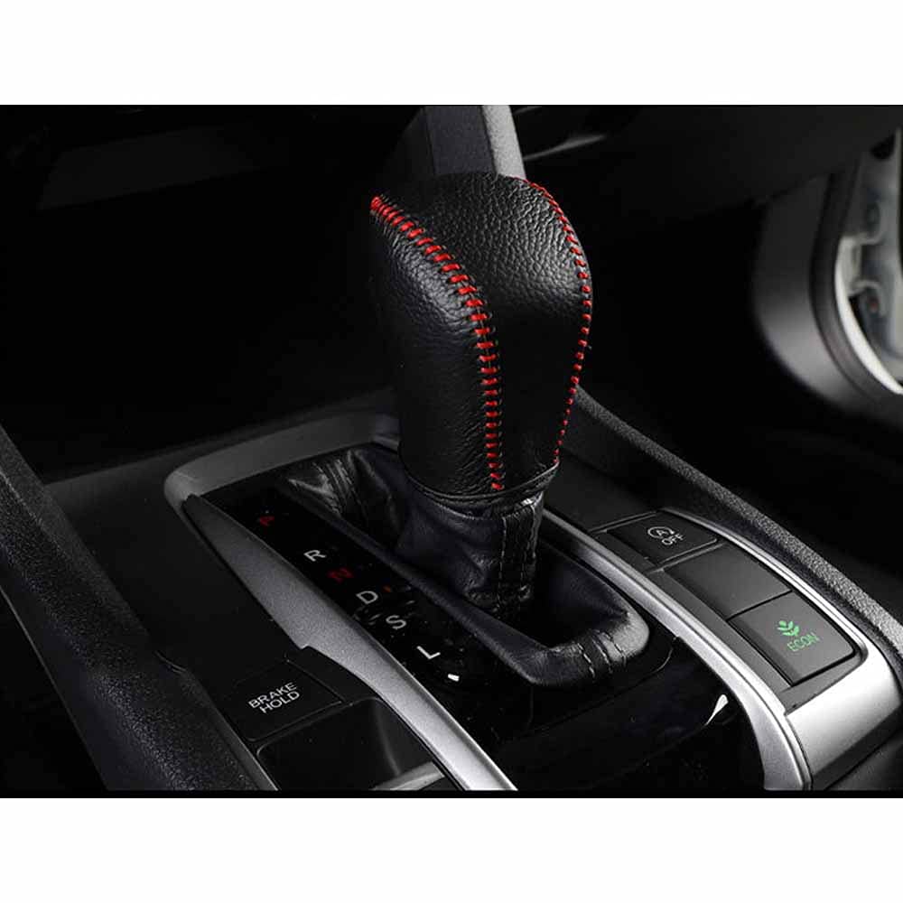 Rifoda Genuine Leather Gear Shift Knob Cover for Honda Civic 10th Gen (2016-2021) - Black with Red Stitching - Interior Car Accessories & Protective Decoration - Perfect for Daily Driving & Car Enthusiasts