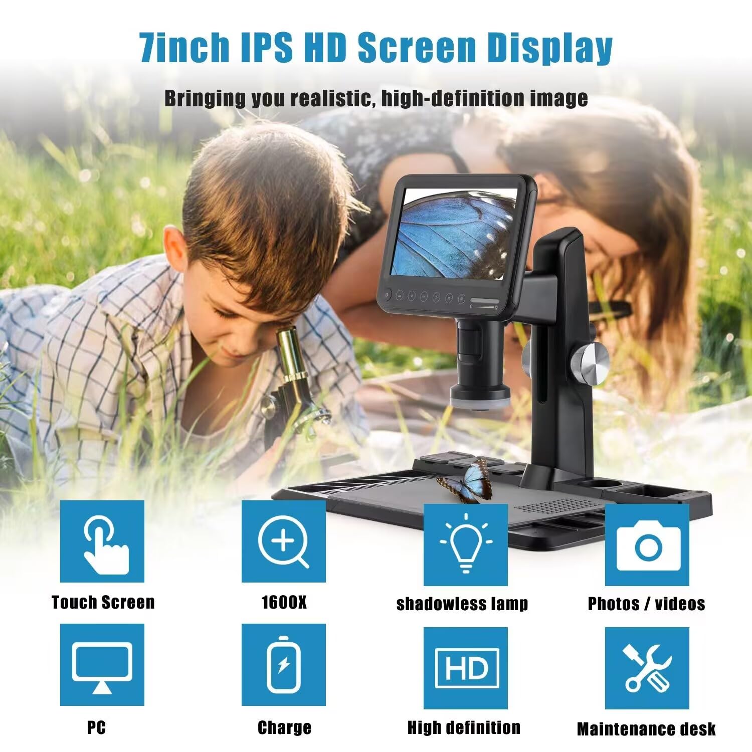 7'' Digital Microscope 1600X Magnification with Silicone Repair Mat & 28 LED Lights - 12MP High Resolution Sensor, IPS Touch Screen for Coin Collecting, Soldering, Electronics Repair (Includes 32GB Storage) - Perfect for Jewelry Inspection, PCB Repair & Hobbyist Use