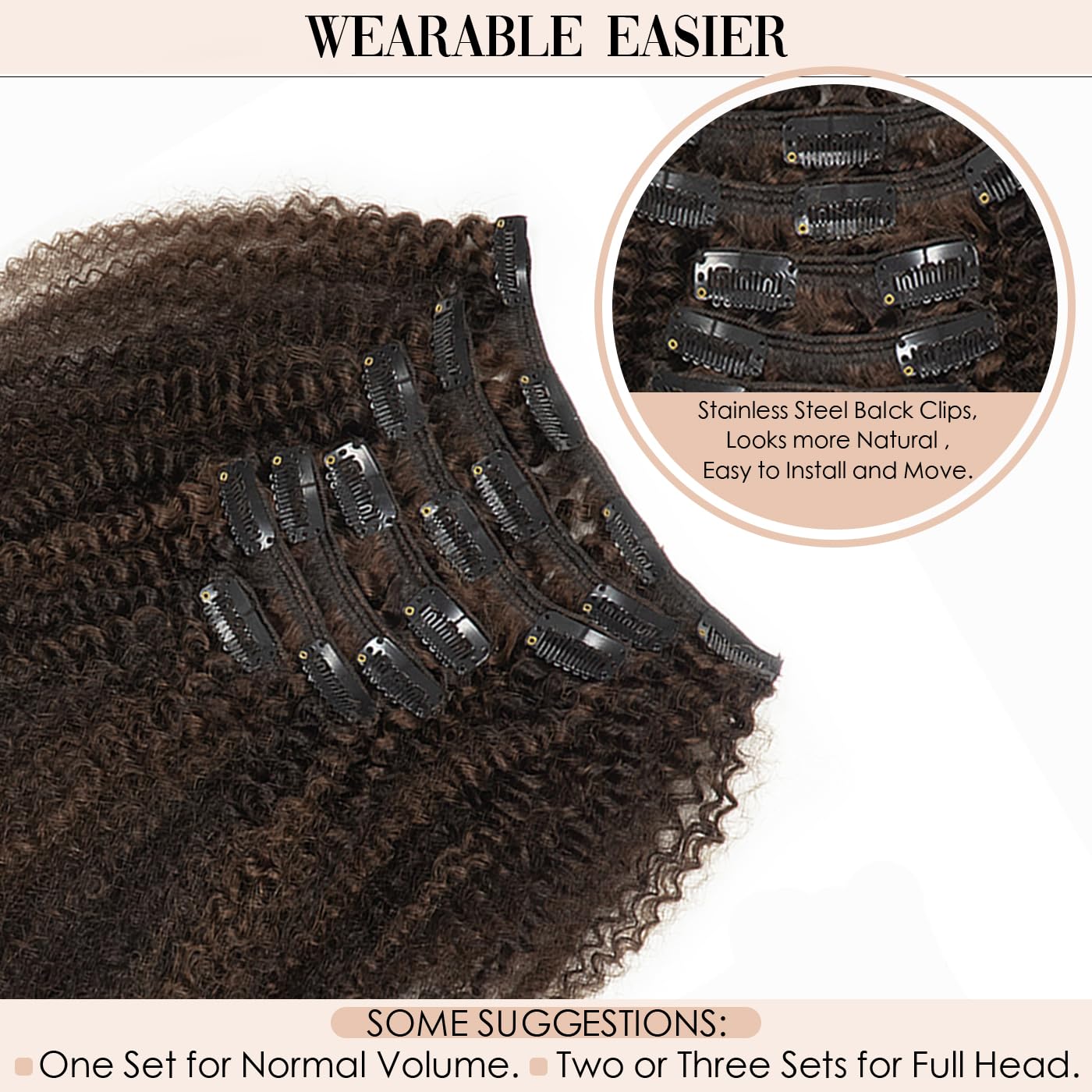 Caliee 20Inch Clip In Human Hair Extensions 4B Afro Kinky Curly - 100% Remy Human Hair Weave for Black Women - Natural Dark Brown Highlighted Thick Hair Extensions | Perfect for Daily Styling, Special Occasions & Protective Hairstyles