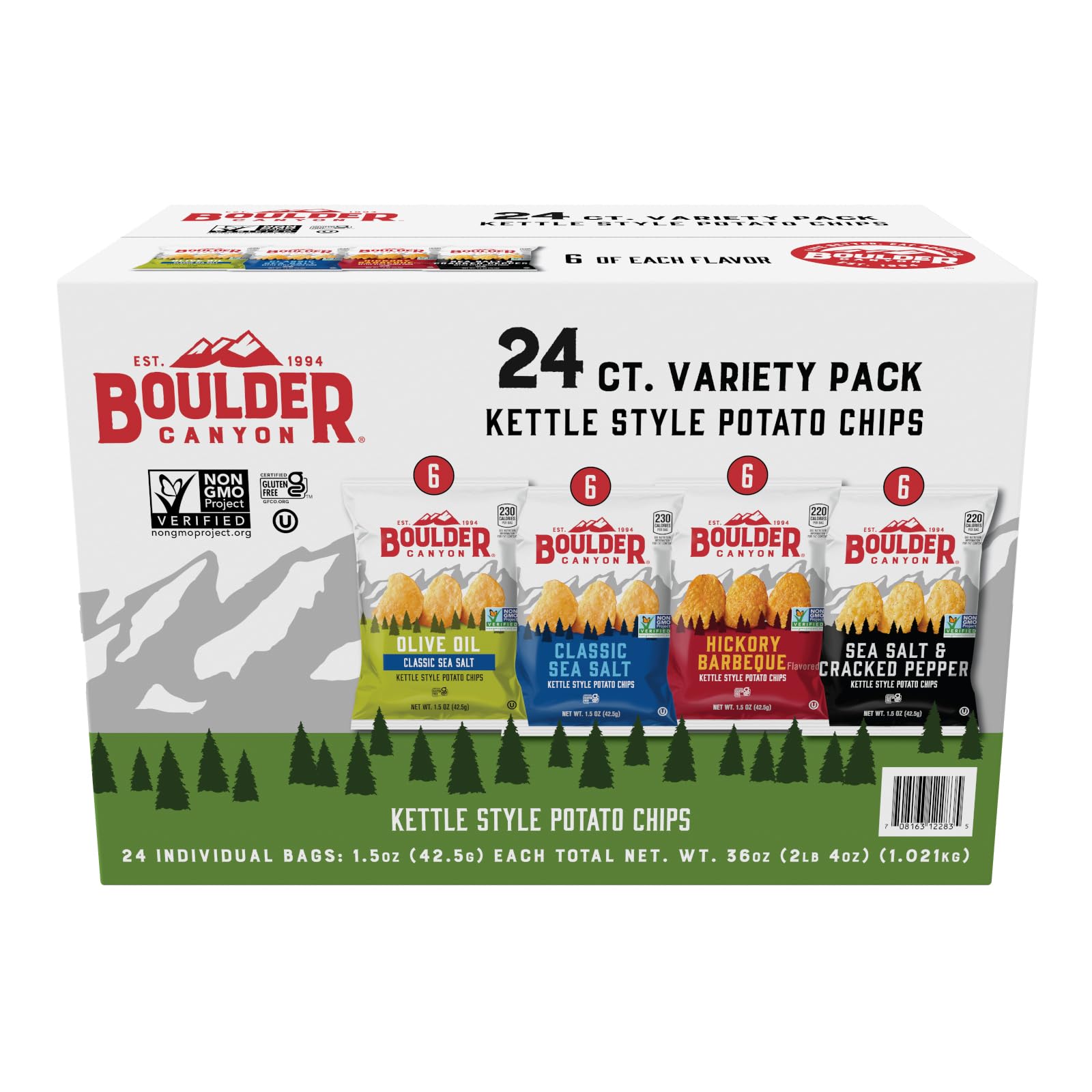 Boulder Canyon Kettle Style Potato Chips Variety Pack - 24 Count (1.5oz Bags) - Olive Oil, Classic Sea Salt, Hickory BBQ, Sea Salt & Cracked Pepper - Crunchy Snacks for Parties, Picnics & Office Lunch Breaks