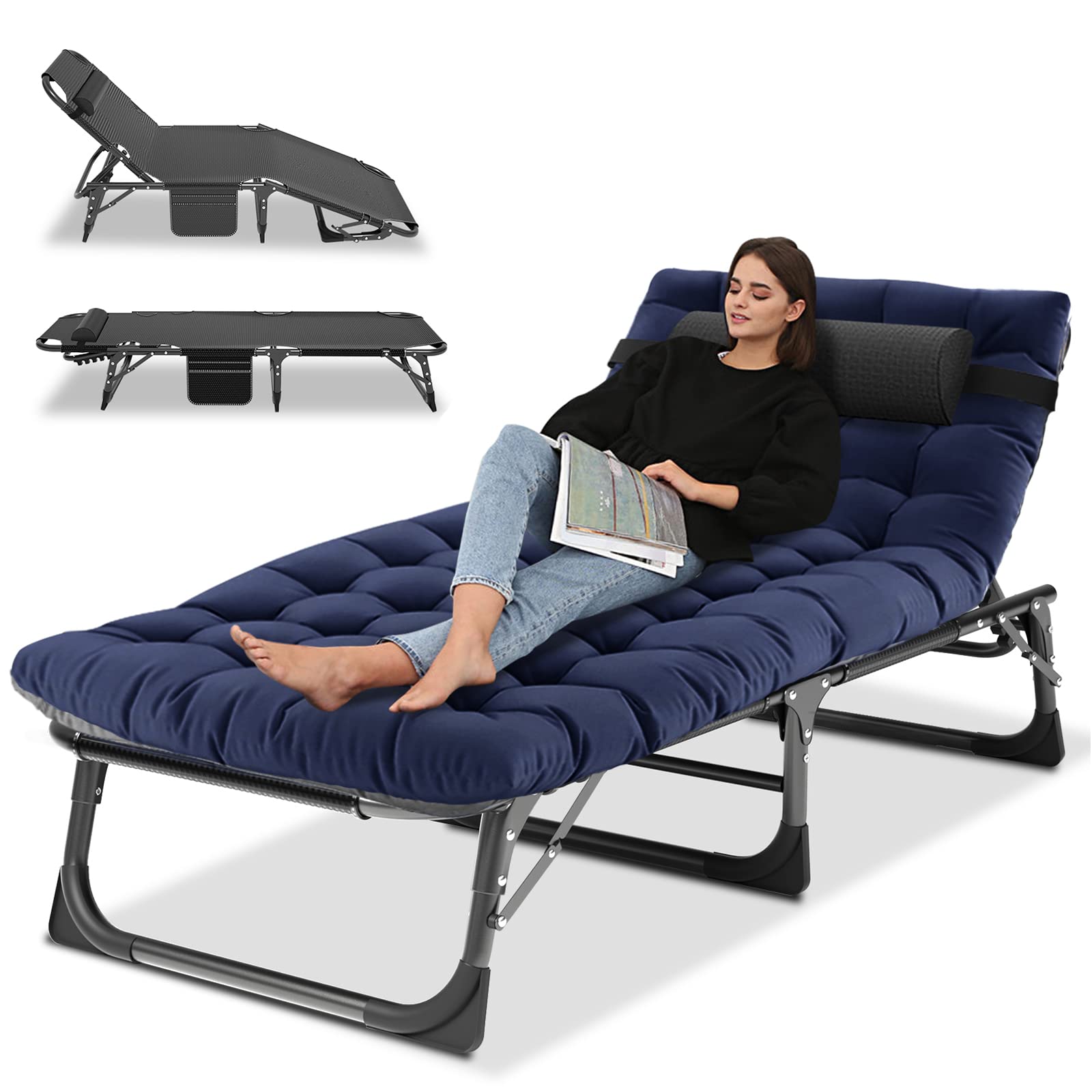 Portable Folding Camping Cot - Adjustable 4-Position Reclining Chaise Lounge Chair with Pillow for Adults - Lightweight Outdoor Sleeping Cot for Camping, Beach, Poolside & Patio Relaxation - Perfect for Backyard, Picnics & Travel Adventures