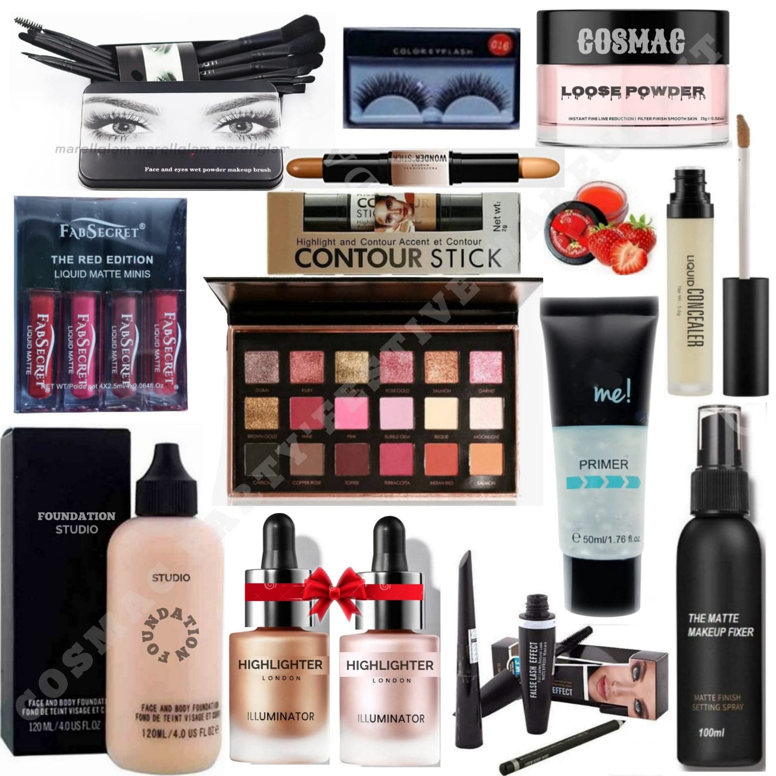 Cosmac 13-Piece Professional Makeup Kit - Highlighter, Eyeliner, Mascara, Eyebrow Pencil, Primer, Eyeshadow, Lipstick, Contour Stick, Concealer & Brushes Set | Perfect for Everyday Makeup, Party Looks & Professional Makeup Artists