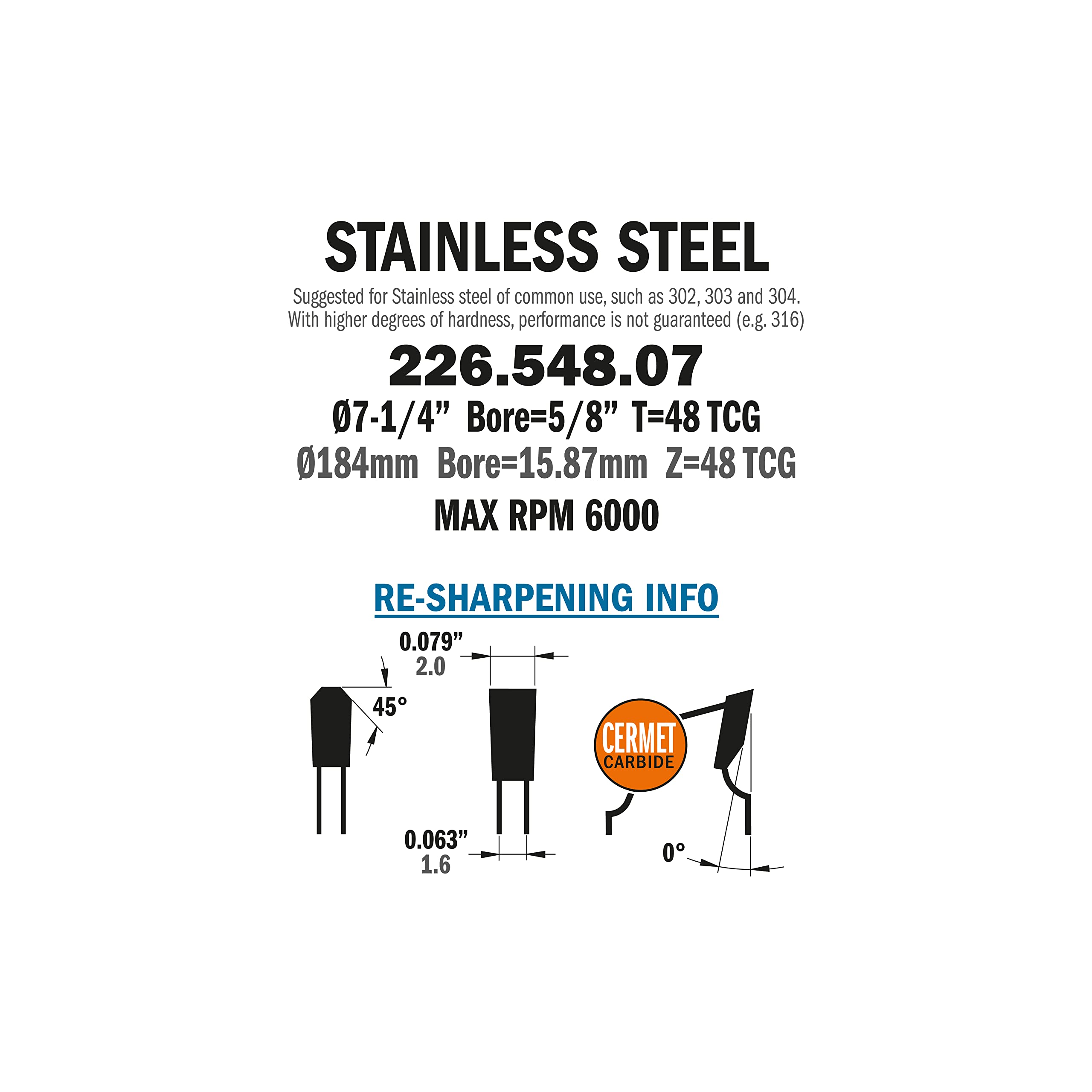 7-1/4 Inch 48T TCG Grind Stainless Steel Circular Saw Blade with 5/8 Inch Arbor - Perfect for Cutting Metal, Wood, and Plastic in Construction & DIY Projects