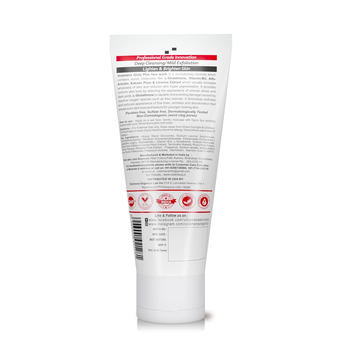 Volamena L-Glutathione Face Wash for Brightening & Glow - 100ml Daily Cleanser for Radiant Skin | Men & Women | Perfect for Morning & Night Skincare Routine