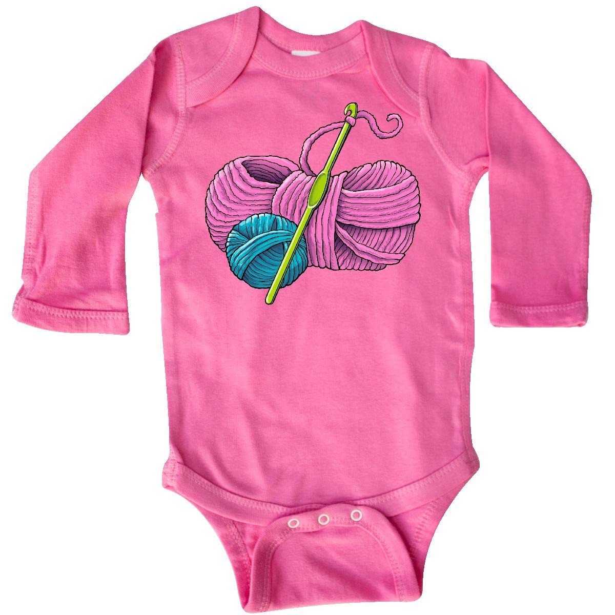 Inktastic Blue and Pink Yarn with Crochet Hook Long Sleeve Baby Bodysuit - Soft Unisex Onesie for Newborns & Infants - Perfect for Photo Shoots, Gifts & Everyday Wear