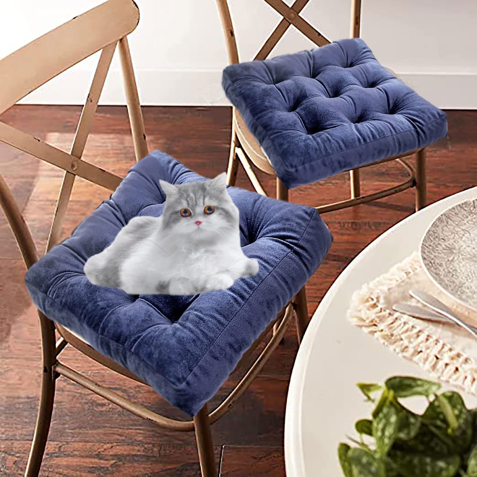4-Piece Non-Slip Square Dining Chair Cushions Set - 18x18 Inch Soft Thick Seat Pads in Navy Blue - Perfect for Kitchen, Dining Room, and Office Chairs