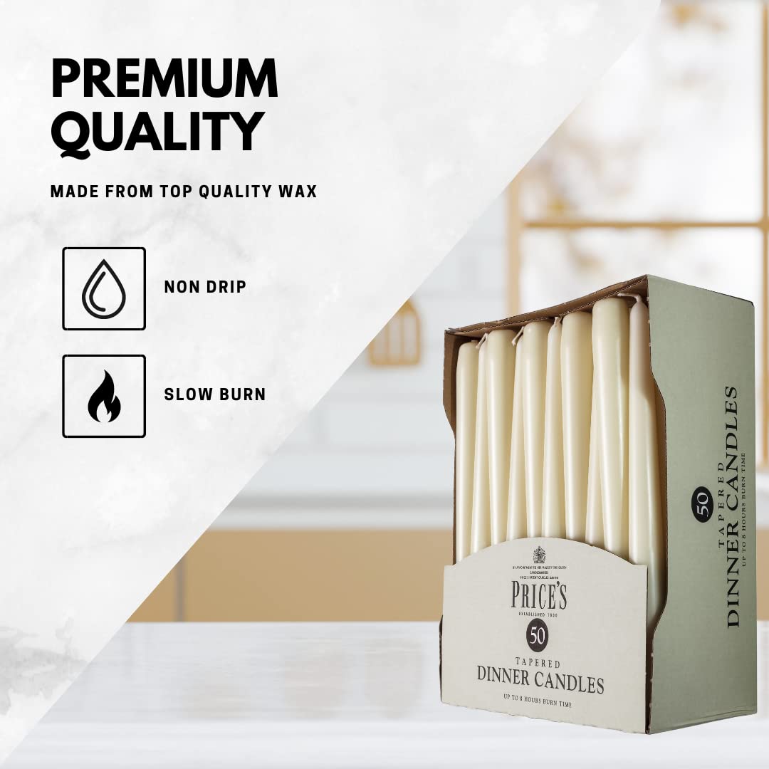 Price's Candles - 50 Pack Red Unscented Tapered Dinner Candles | Dripless Design | 7 Hour Burn Time | Perfect for Romantic Dinners, Weddings & Holiday Decorations