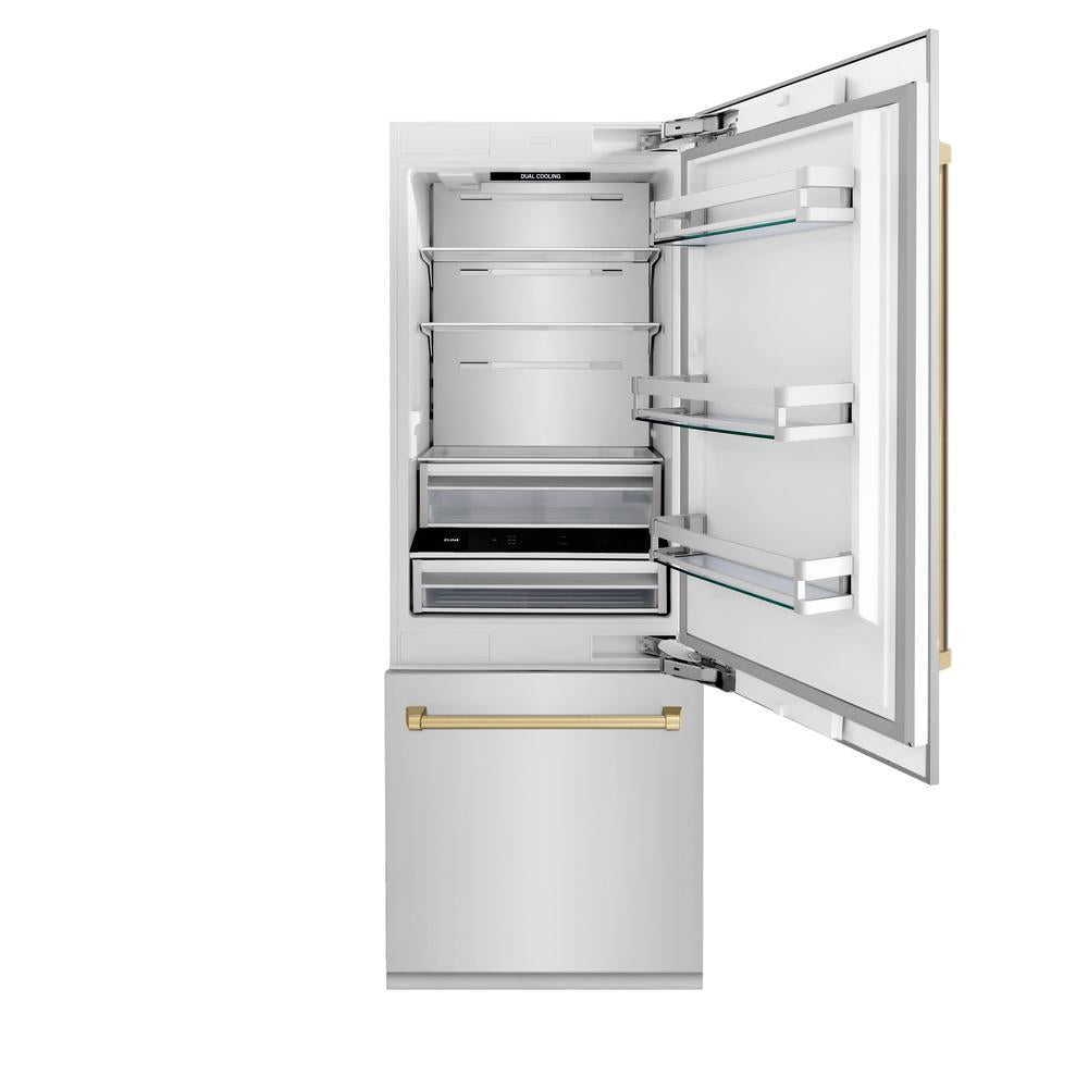 ZLINE Autograph Edition 30 Inch Built-In Bottom Freezer Refrigerator - 16.1 cu ft Stainless Steel with Champagne Bronze Accents - Water Dispenser & Ice Maker - Perfect for Modern Kitchens & Open Concept Homes (RBIVZ 304 30 CB)