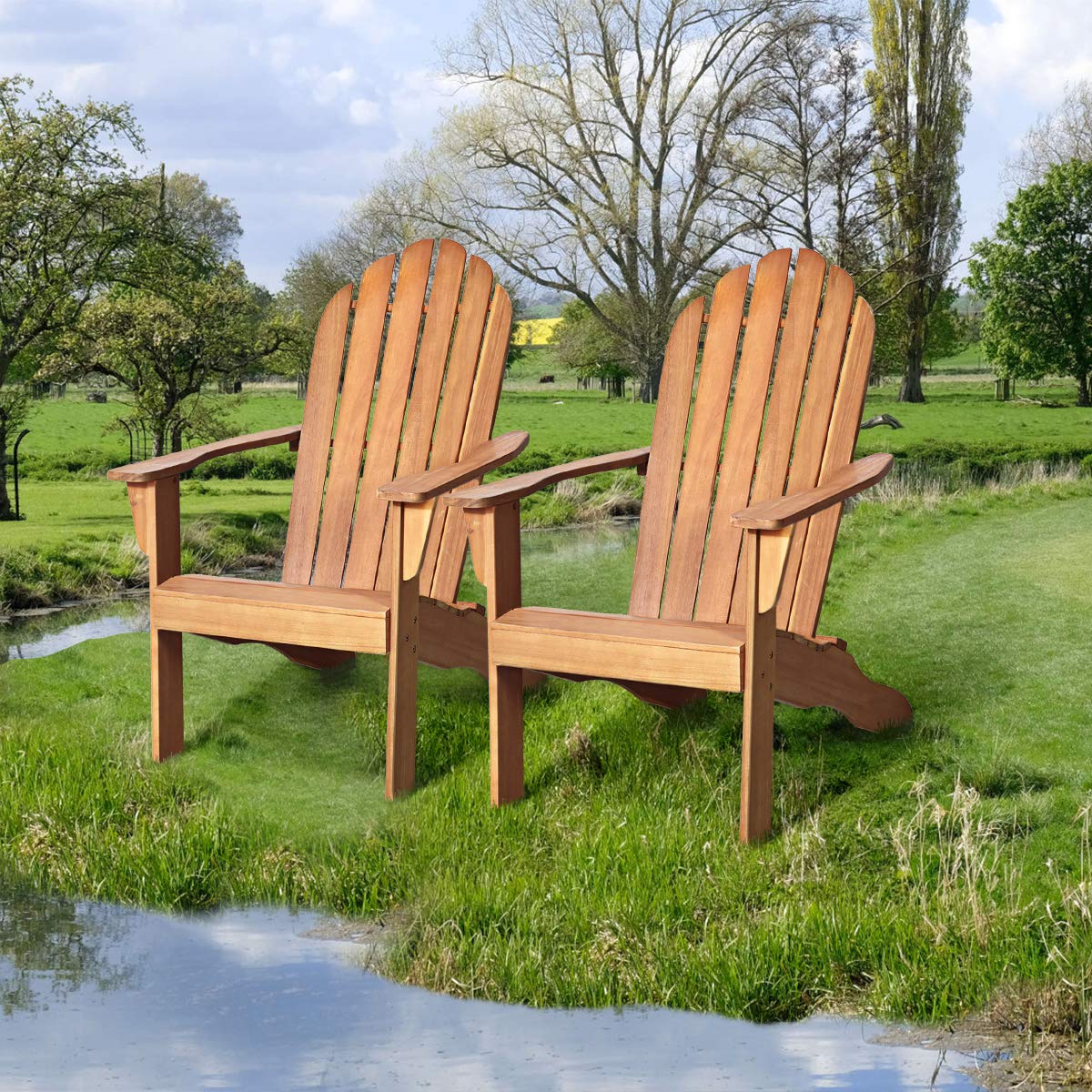 Giantex Acacia Wood Adirondack Chair Set of 2 - 350 lbs Weight Capacity Outdoor Lounge Chairs for Patio, Garden, Poolside, Deck & Backyard - Natural Wood Fire Pit Seating & Relaxation Armchairs
