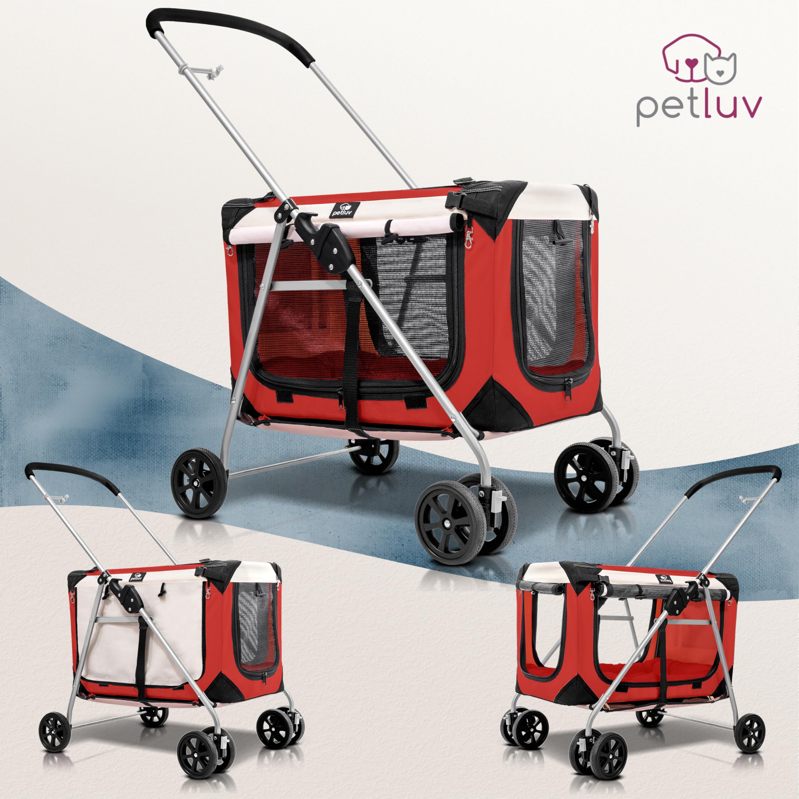 Premium Pet Stroller for 2 Cats or Small to Medium Dogs (10-45 lbs) - Lightweight & Durable Red Design - Perfect for Park Walks, Vet Visits & Shopping Trips