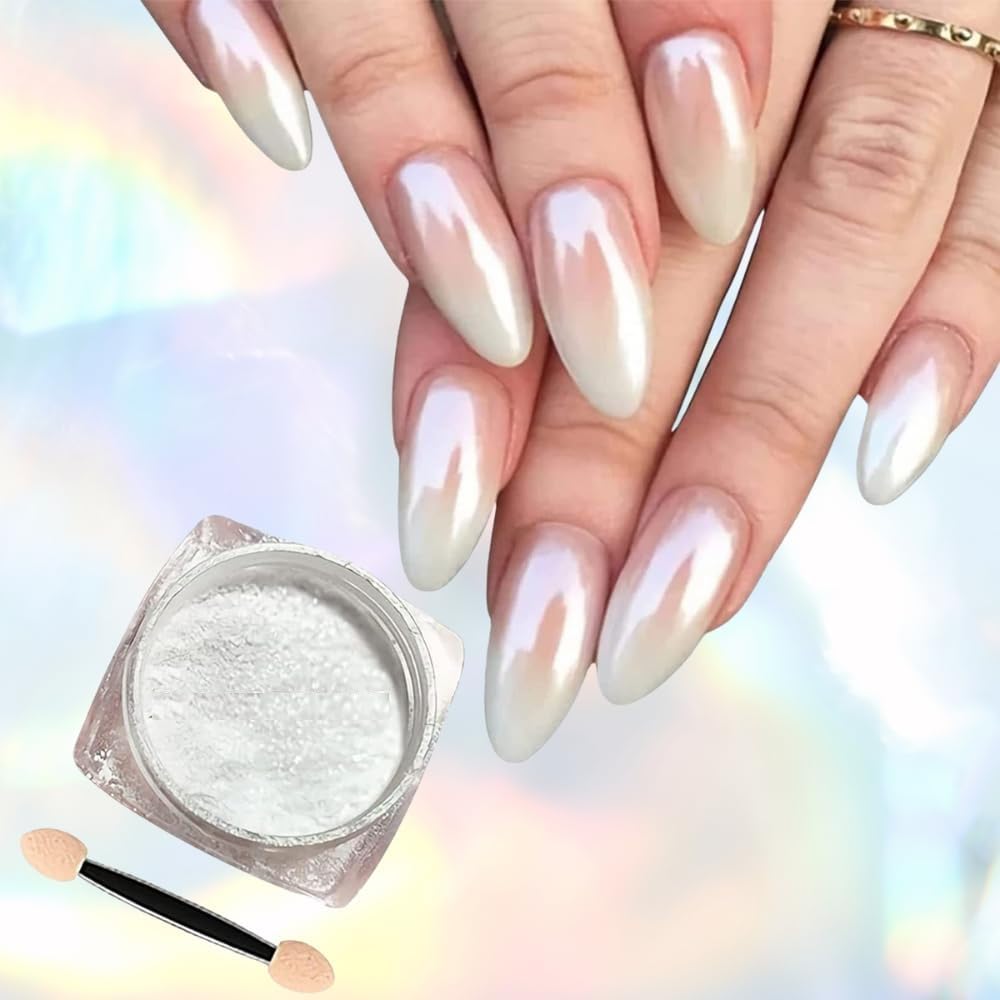 MEI DE MODA White Chrome Gel Nail Powder - Pearl Mirror Effect Nail Glitter for Manicure, Holographic Pigment for Nail Art Designs (Perfect for Valentine's Nails & Special Occasions)