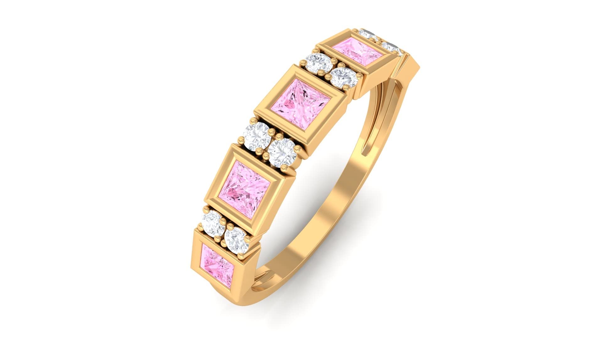 14K Solid Gold Pink Sapphire & Diamond Half Eternity Ring for Women | Princess Cut Pink Sapphire Engagement Ring | Elegant Wedding Band, Anniversary Gift, Valentine's Day Present