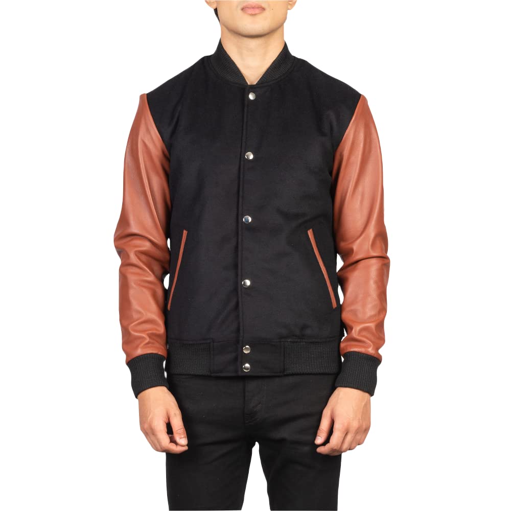 Men's Varsity Jacket Letterman - Black & Brown Leather Sleeves Baseball Jacket | Lightweight Letterman Jacket for School, Sports & Casual Wear