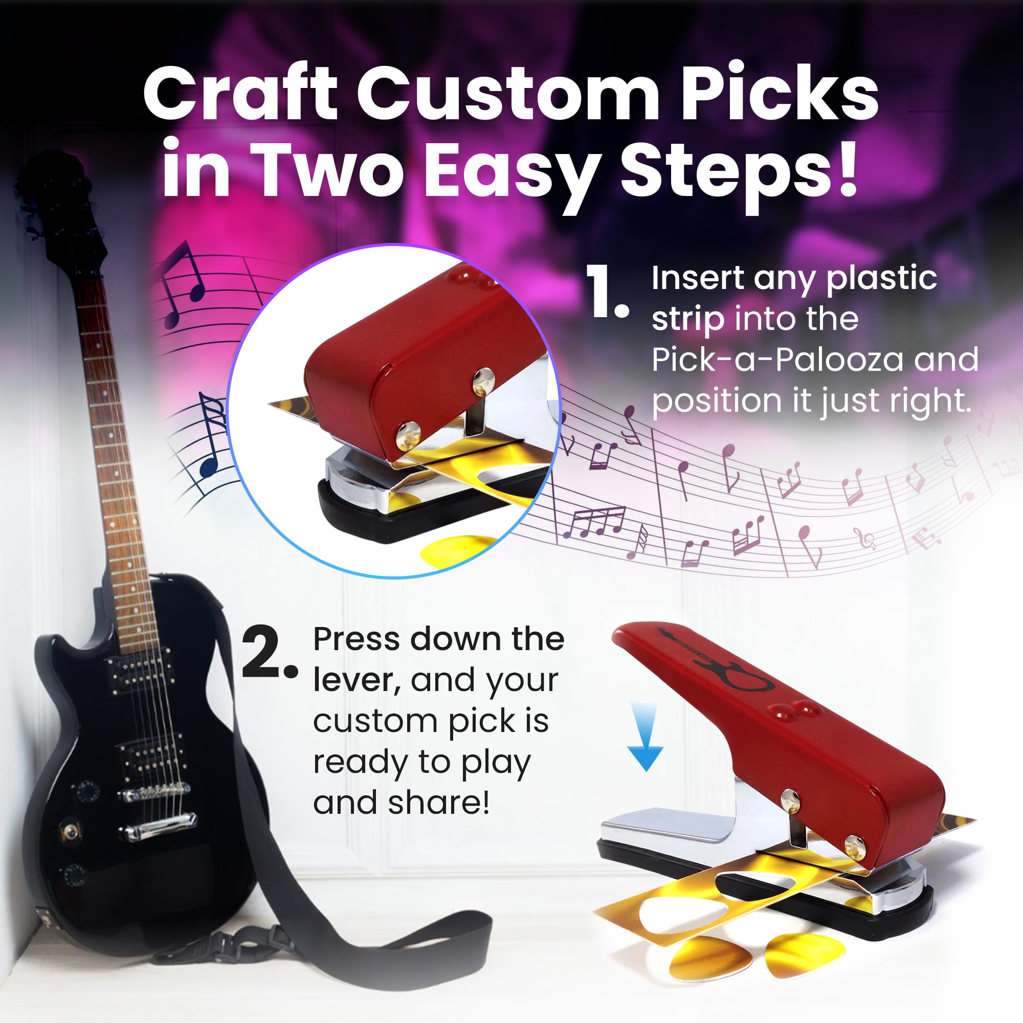DIY Guitar Pick Punch Kit - Premium Pick Maker with Leather Keychain Holder, 4 Pick Strips & File - Red - Perfect for Musicians, Guitarists & Craft Lovers (Great Gift for Music Enthusiasts)