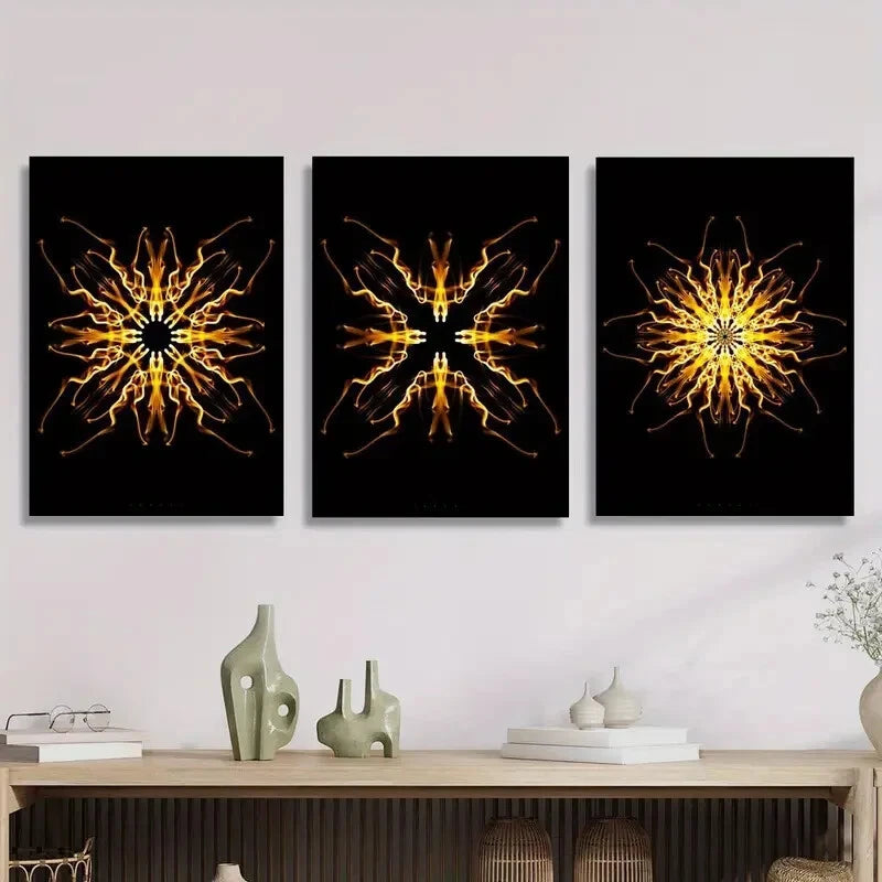 3pcs Abstract Psychedelic Golden Kaleidoscope Metal Wall Art Prints - Ready to Hang Modern Home Decor for Living Room, Bedroom & Office