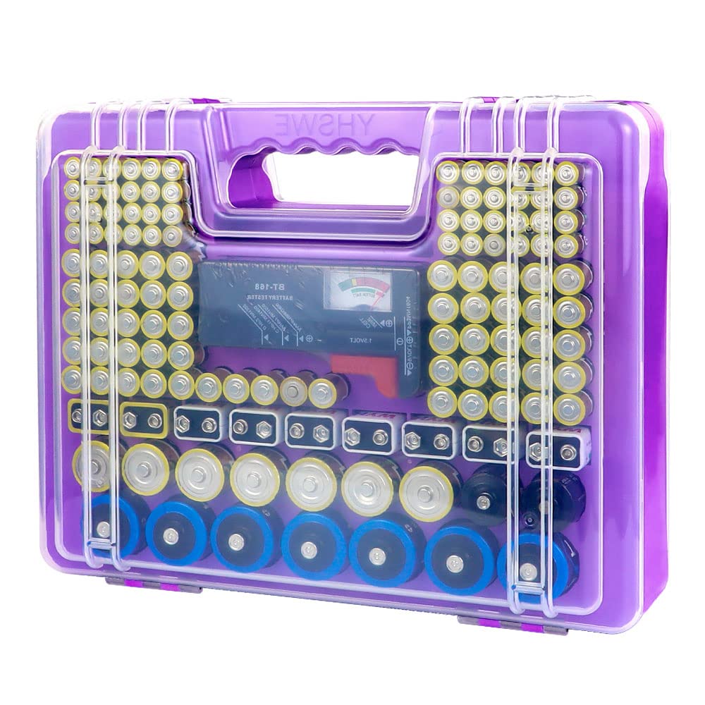 X-Value Battery Organizer Case - Portable Storage Box with Tester for AA AAA C D 9V Batteries (Holds 230 Batteries, Batteries Not Included) - Perfect for Home, Office, Travel & Emergency Kits (Purple)