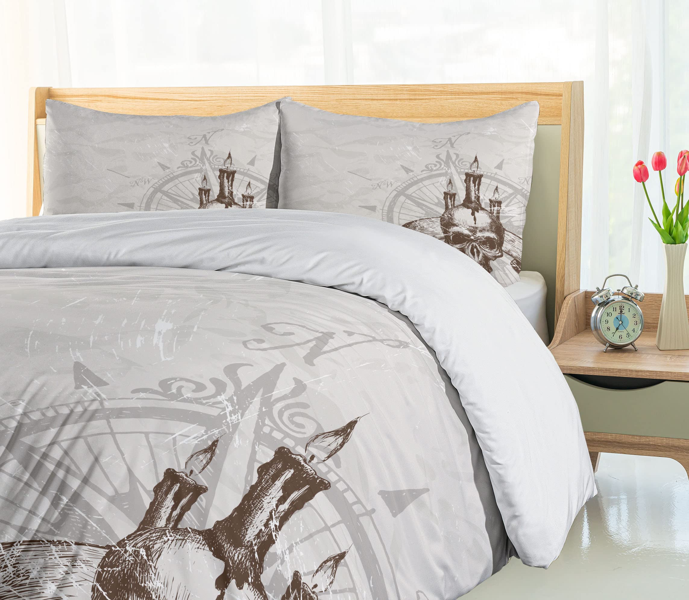 Ambesonne Compass Duvet Cover Set - Windrose Skull & Candles Pirate Adventure Theme, 3-Piece California King Bedding Set with 2 Pillow Shams in Brown Pearl Grey | Gothic Home Decor for Halloween & Themed Bedrooms