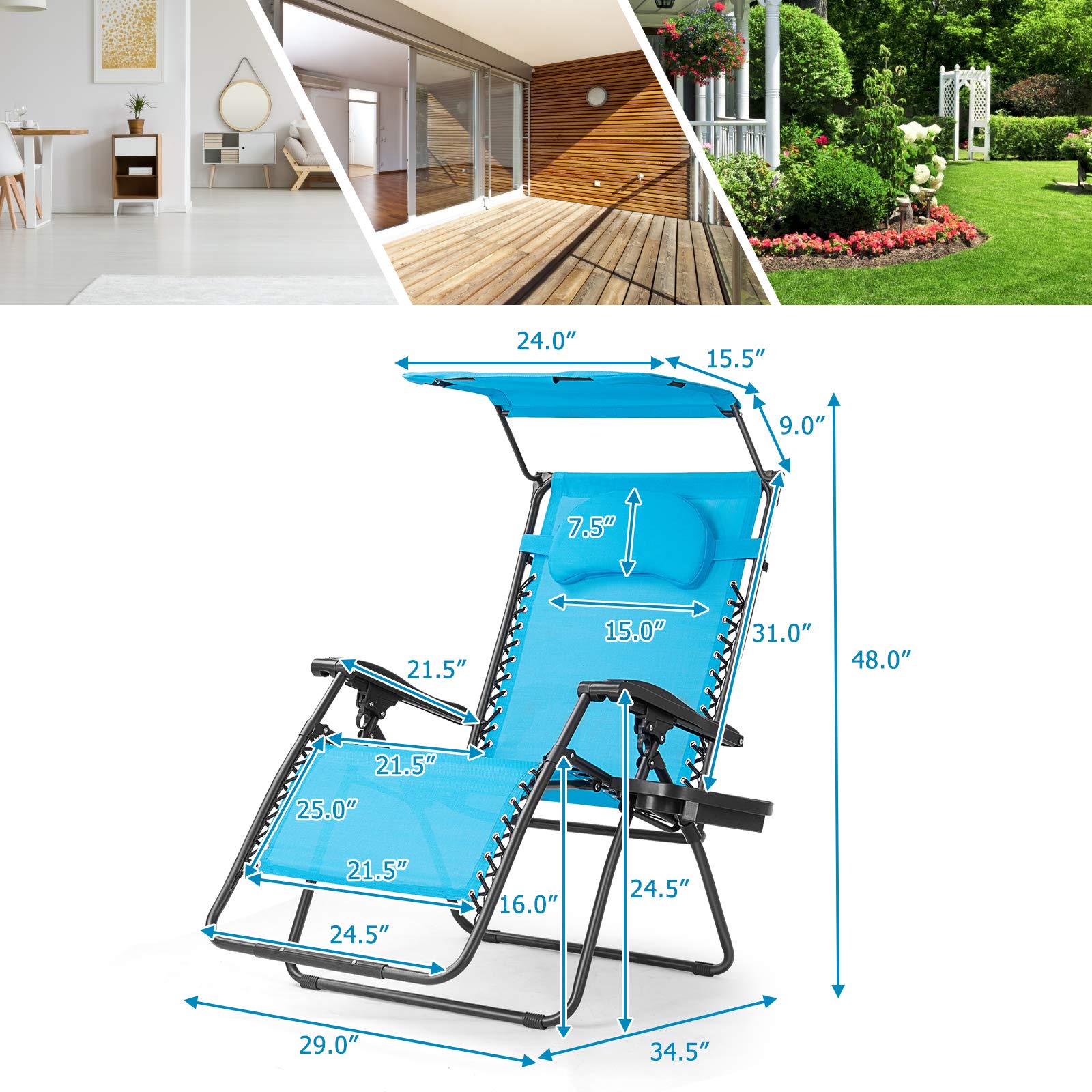 Moccha Zero Folding Gravity Recliner Lounger Chair with Adjustable Headrest & Lumbar Support - Patio Outdoor Lounge Chair with Shade Canopy & Locking System (Blue) - Perfect for Backyard, Poolside, Beach & Camping Relaxation