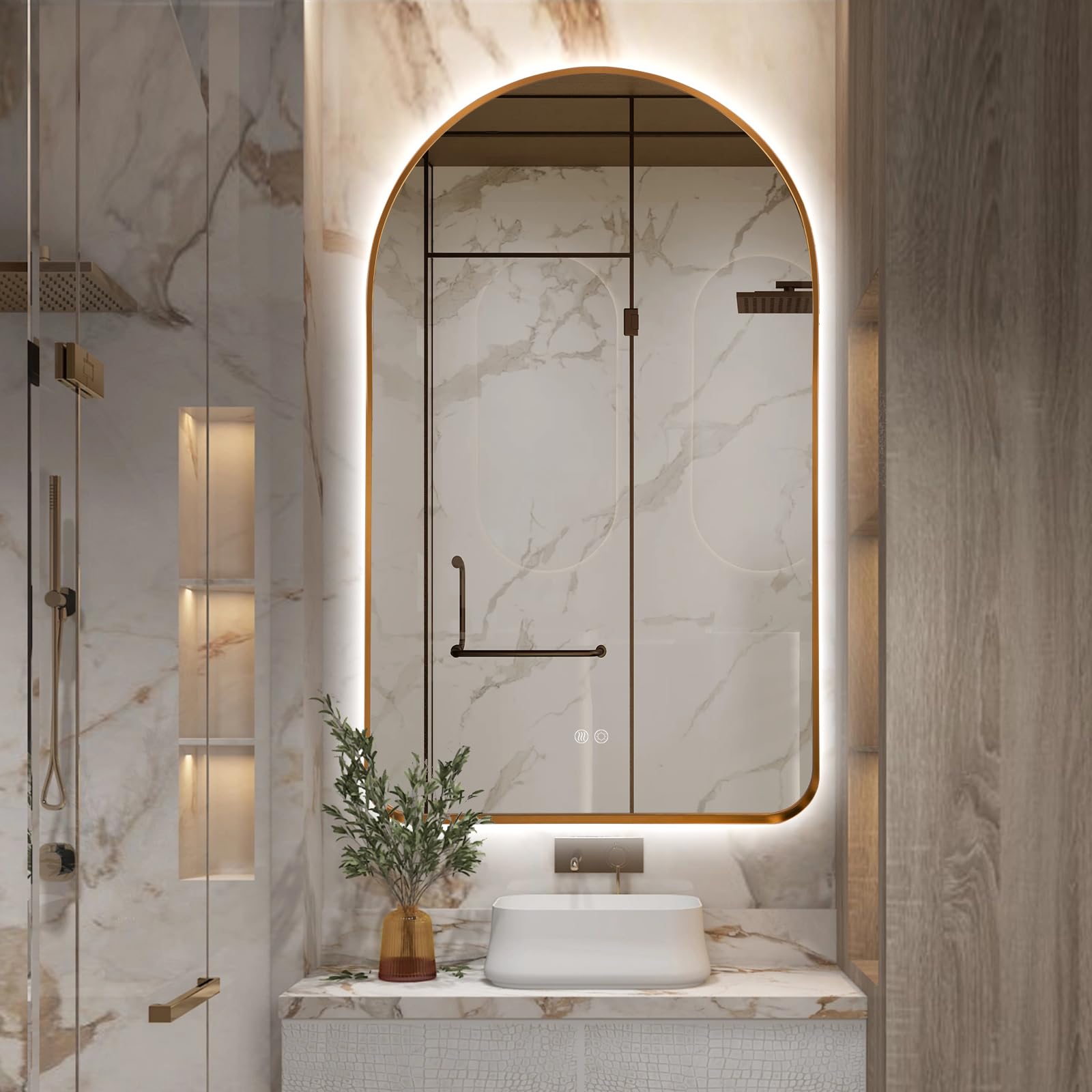 Niccy 40x24 Inch Arched LED Backlit Bathroom Mirror - Brushed Gold Framed Wall Mounted Vanity Mirror with 3 Color Temperature Settings, Shatterproof & Fog-Free Technology - Perfect for Modern Bathrooms, Dressing Rooms & Makeup Areas