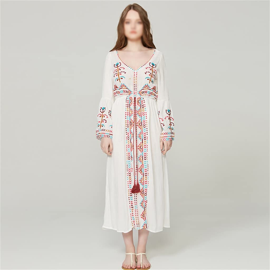 JHHDP Women's Summer Beach Dress - V-Neck Long Sleeve Flared Resort Dress in White | Perfect for Vacation, Poolside Lounging & Tropical Getaways