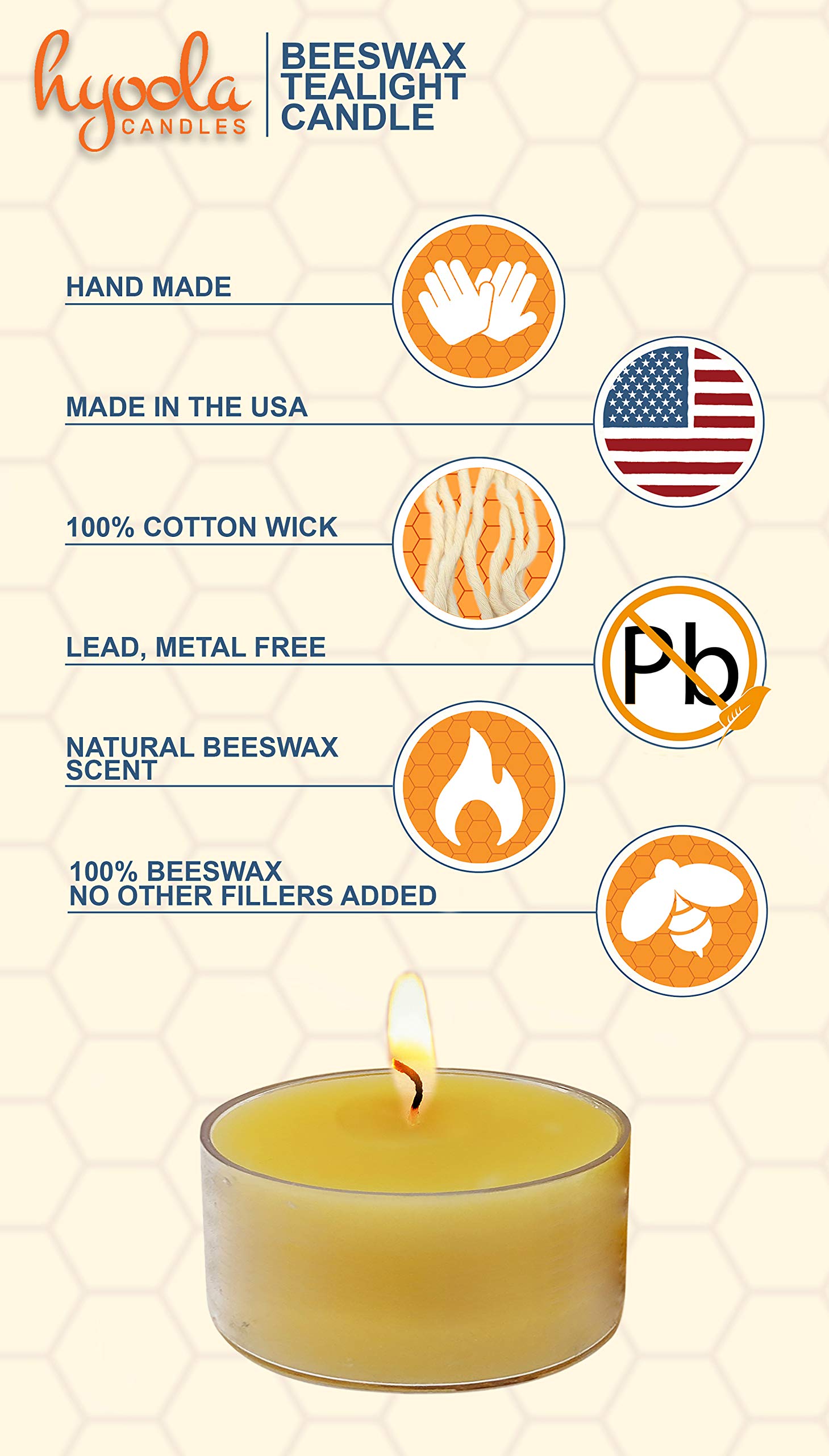 Hyoola Pure Beeswax Tea Light Candles - Handmade Unscented Decorative Tealights with 4 Hour Burn Time in Clear Cups (Pack of 48) - Perfect for Romantic Dinners, Spa Relaxation & Home Decor