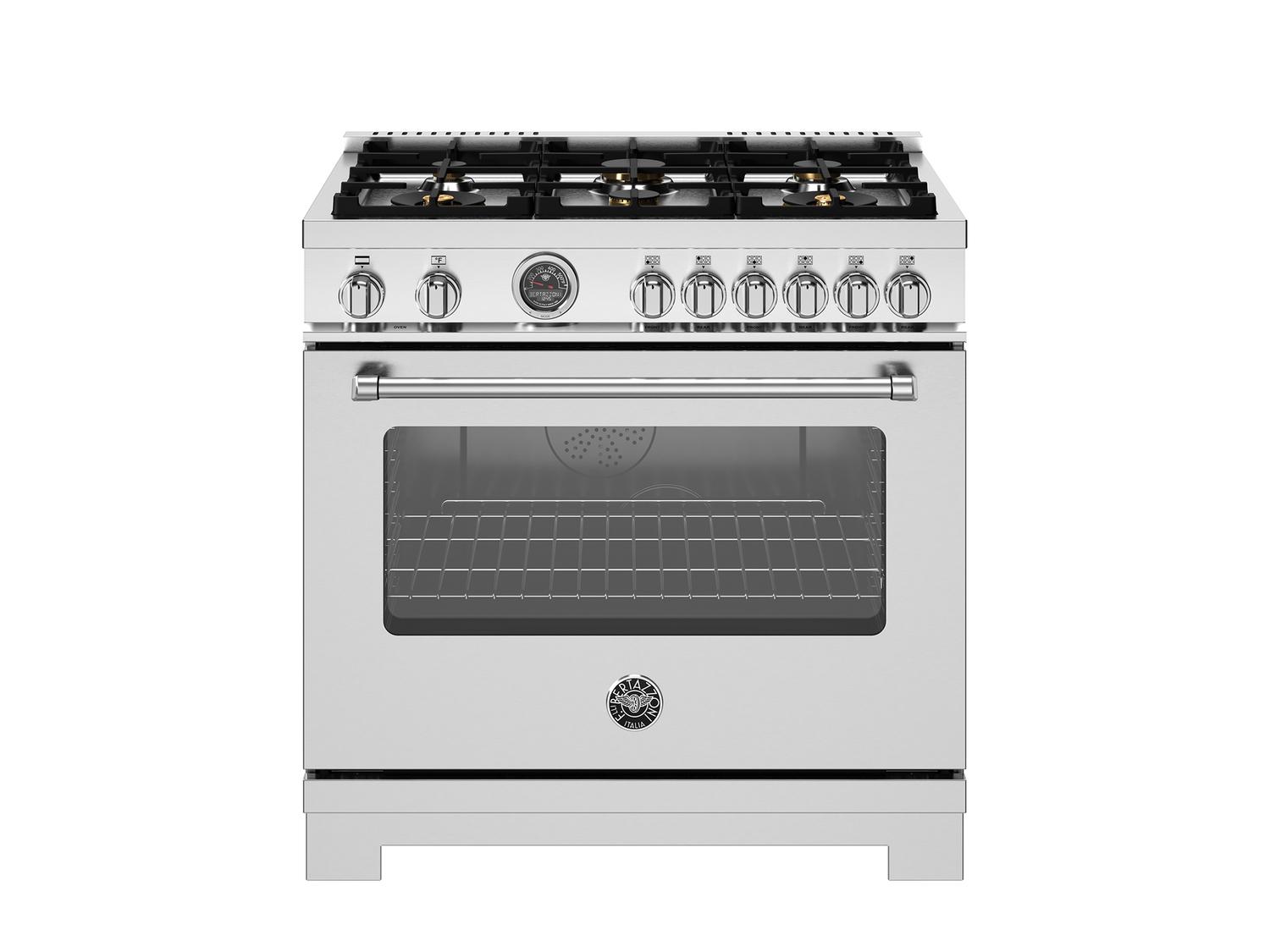 Bertazzoni MAS366BCFEPXT 36 Inch Dual Fuel Range with 6 Brass Burners & Cast Iron Griddle - Stainless Steel Electric Self-Cleaning Oven for Professional Home Cooking & Baking