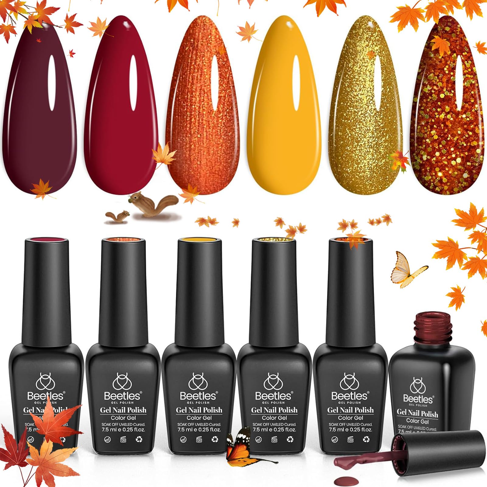Beetles Gel Nail Polish Set - 6 Fall Colors (Burgundy, Yellow Glitter, Orange, Gold) for UV/LED Lamp - DIY Manicure Kit for Home Nail Art | Perfect for Autumn Nails, Holiday Parties & Professional Salon Use