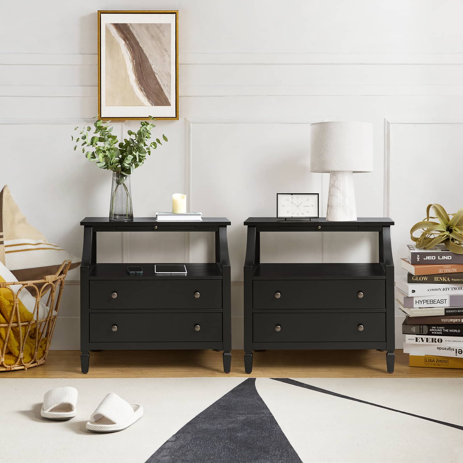 Grace 2-Drawer Nightstand with USB Charging Ports & Power Outlets - Modern Bedside Table for Bedroom, Living Room & Office Use
