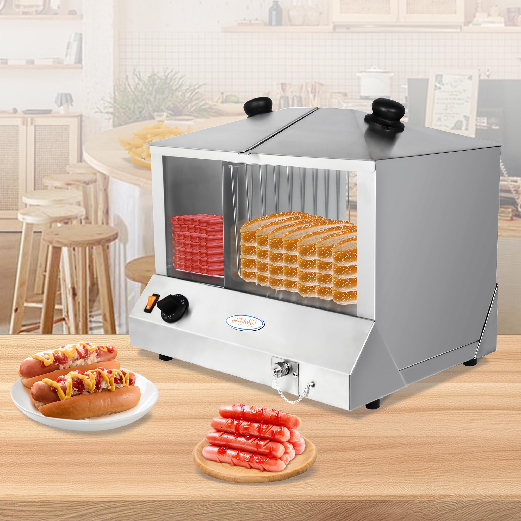 Commercial Electric Hot Dog Steamer & Bun Warmer - 1300W, Holds 100 Hot Dogs & 48 Buns, Steam Heating with Slide Doors & Tempered Glass - Perfect for Restaurants, Food Trucks, and Stadium Concessions