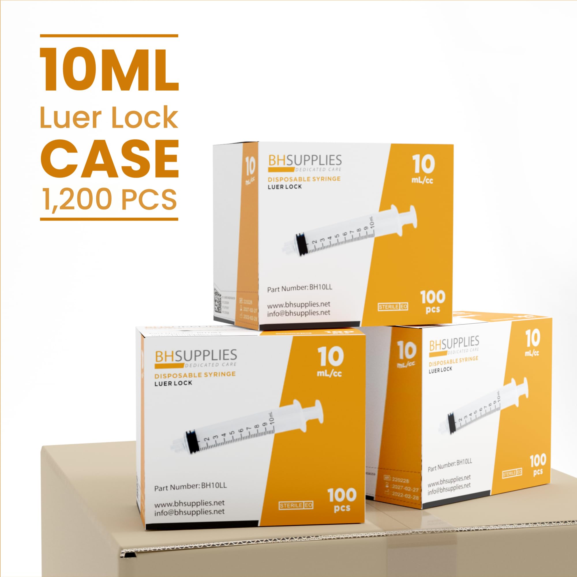 BH Supplies 10ml Luer Lock Tip Syringes (No Needle) - Sterile, Individually Wrapped, Case of 16 Boxes (1600 pcs) - Perfect for Medical, Laboratory, and Veterinary Use