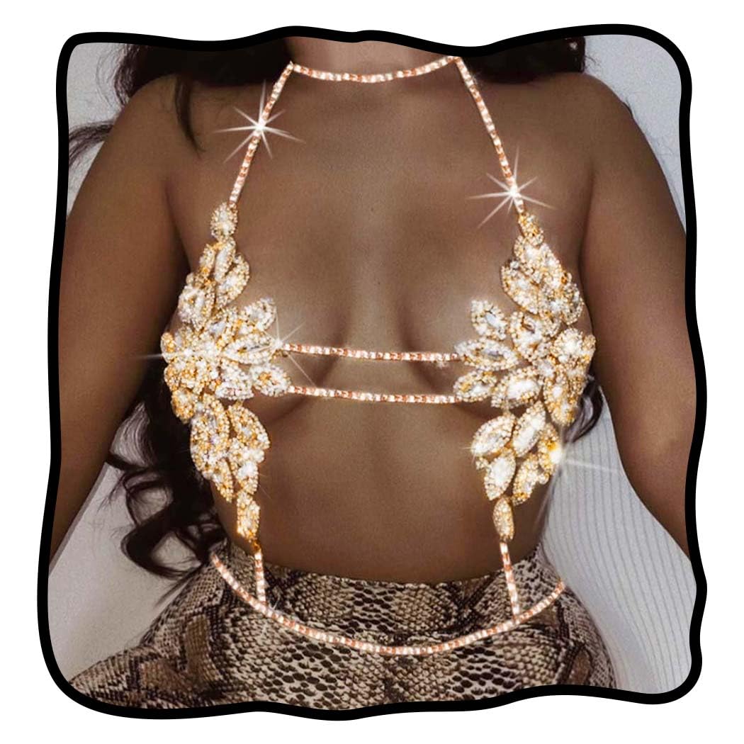 Sparkly Rhinestone Body Chain Jewelry for Women - Crystal Bra Top Accessory for Summer, Beach, Music Festivals & Bachelorette Parties