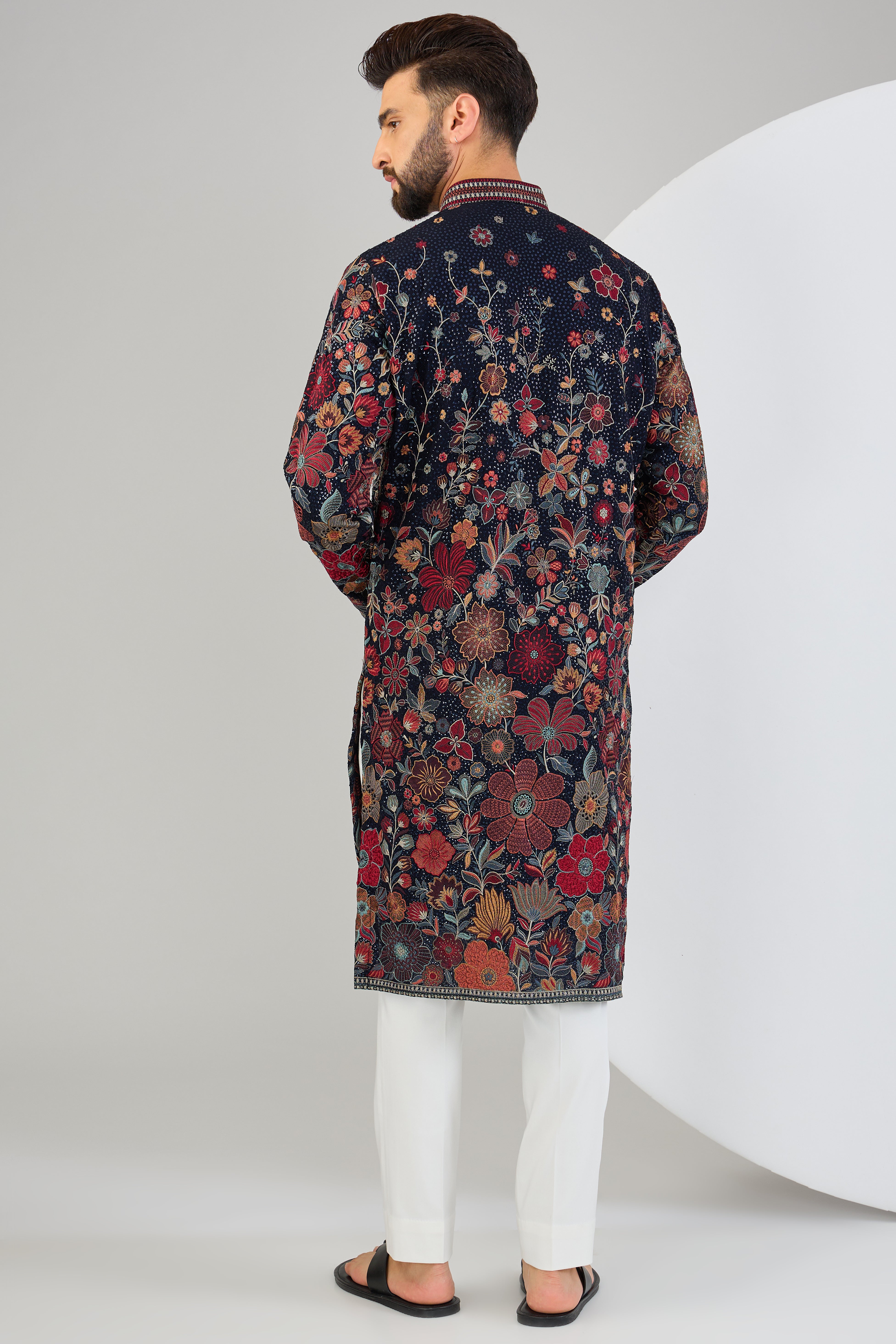 Elegant Navy Blue Chikankari Kurta with Floral Embroidery - Traditional Indian Tunic for Women - Perfect for Festivals, Weddings & Casual Wear