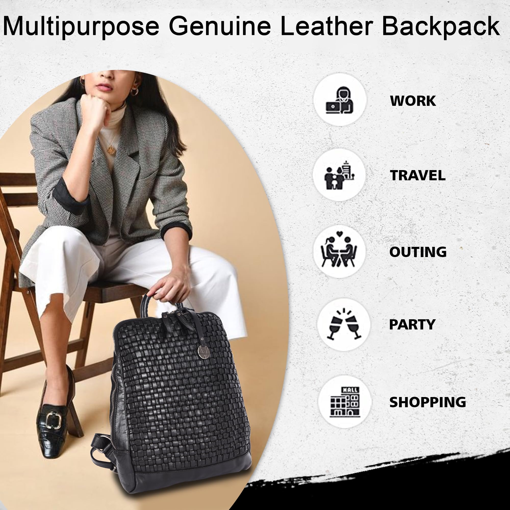 12.5 Inch Genuine Leather Backpack for Women & Men - Premium Black Leather Laptop Backpack with Adjustable Shoulder Straps - Perfect for Work, Travel & College (Business Casual & Everyday Use)