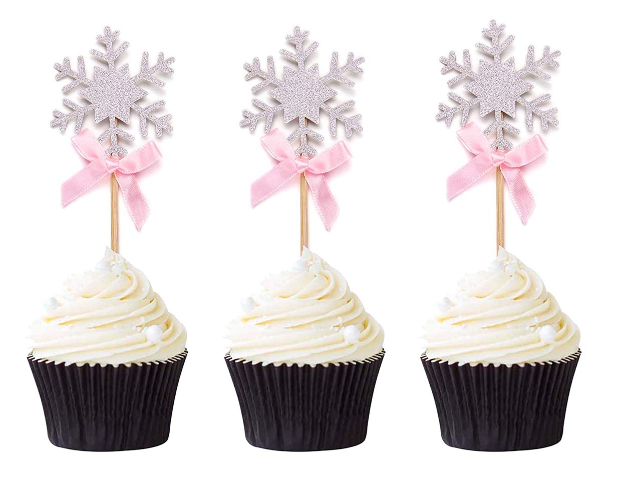 48pcs Frozen Snowflake Cupcake Toppers with Pink Bows - Premium Cake Decorating Supplies for Birthday Parties, Baby Showers & Winter Themed Events